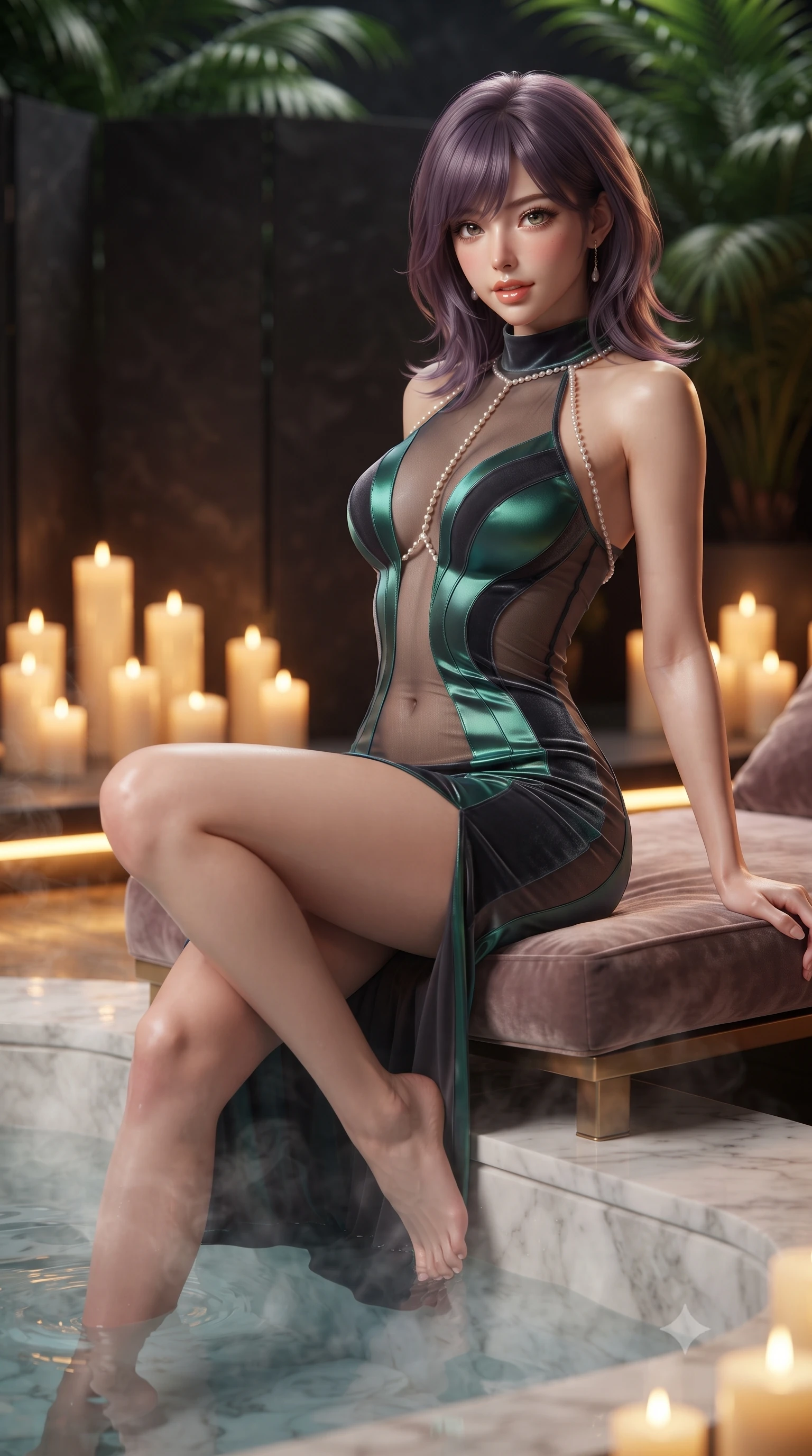 score_9, masterpiece, best quality, ultra-detailed, high-budget anime keyframe, editorial fashion photography, tasteful artistic composition, Japanese woman. close-up cowboy shot from the waist and thighs up, the character dominates the composition, filling the frame with her large presence. perched sideways on the velvet lounge chair, one knee drawn up to showcase her slender leg line while her arched back accentuates her feminine hip curve while sitting on the sunken marble edge of the steaming jacuzzi with legs dipped in the water, arching her spine with seductive dancer poise. The background shows a soft-focus clusters of scented beeswax candles, dark slate privacy screens, and lush tropical palms blurred into warm honey, amber, and emerald bokeh. She has an exceptionally elegant, slender, and willowy female figure with an ultra-slim waist, flat toned midriff, narrow ribcage, and sculpted feminine hips creating an alluring, slim hourglass silhouette without bulk. sharp v-shaped jawline, high-bridge nose, sparkling eyes with hypnotic seductive depth, thick curled eyelashes, glossy parted lips with a natural dewy peach sheen, alluring bedroom-eyes with an enchanting coquettish smile, exuding magnetic siren charisma and sophisticated high-fashion glamour, flawlessly proportioned anatomical accuracy, strict slender model proportions, natural body alignment, perfectly sculpted long slender limbs, ultra-slim waistline, clean dynamic posture without body distortion. wearing a provocative high-neck sheer illusion cocktail dress with liquid satin ribbons contouring her curves in iridescent emerald satin and dark charcoal velvet, tailored from fine ribbed modal knit with gentle elastic contouring and soft hand-feel, accented with a pearl-drop body harness subtly framing her dewy collarbones and spine, the glove-like clinging cut tightly following the natural contour of her hips and long slender legs with youthful 8.5-heads elegance. bathed in the flickering warmth of dozens of luxury candles and hidden golden LED cove strips. ultra-reflective glossy finish, specular highlights, rich textural contrasts, high-contrast stereoscopic depth, volumetric dynamic lighting, 2k, ultra detail, master piece, 9:16 ratio