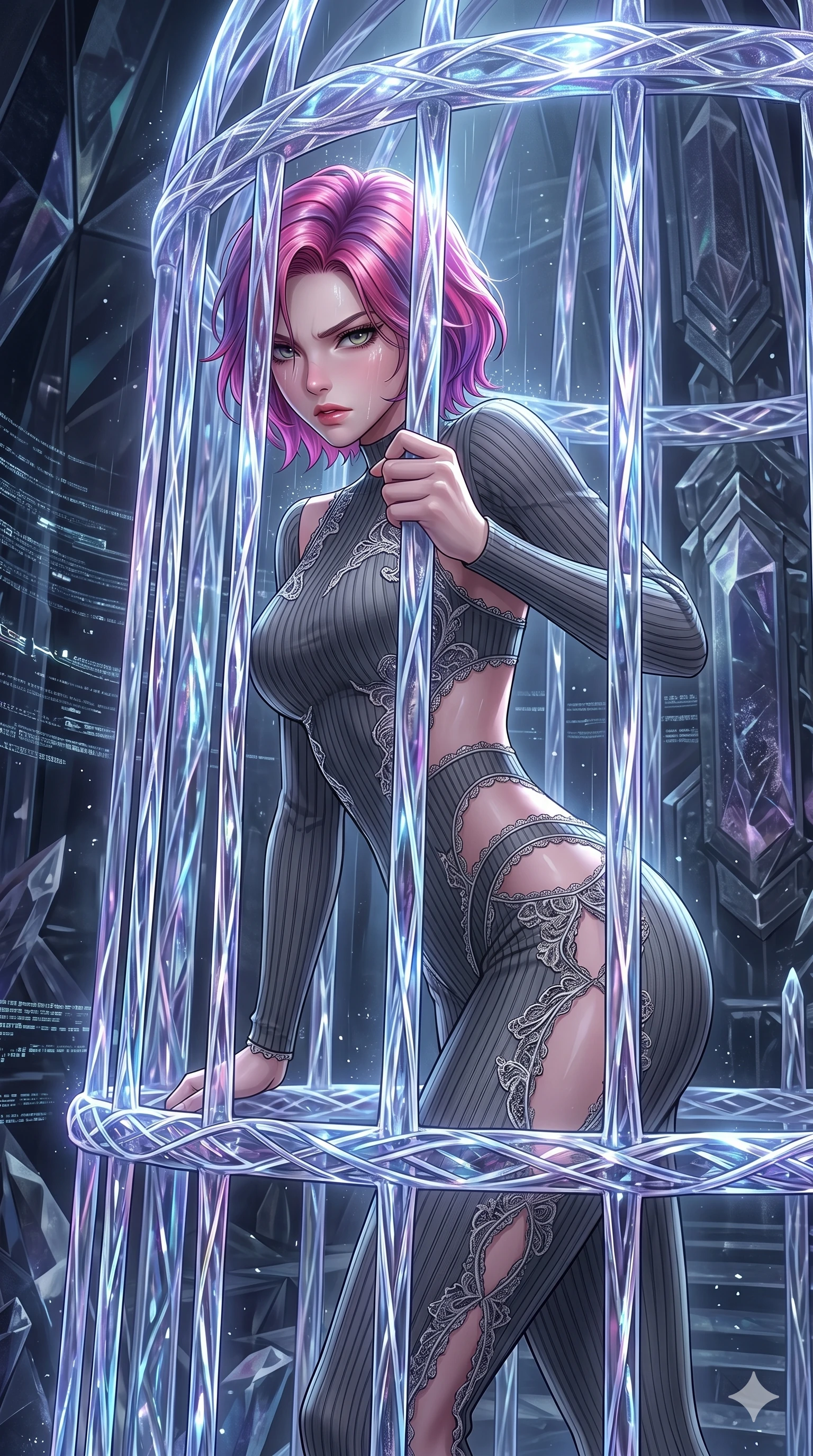 score_9, masterpiece, best quality, ultra-detailed, High-budget Anime Keyframe, East Asian woman. Dynamic full-body shot stretching the vertical silhouette to the limit. Scenario 42: Trapped in a cage of glowing crystalline fibers, body pressing against the bars. Her presence is magnetic and overpowering in this high-budget anime scene. Outfit 42: A ribbed bodycon knit second with a strategic side cut-outs and delicate lace embroidery. The clothing is designed to emphasize her exceptionally tall and slender 8-heads proportion. 8-heads proportion, towering silhouette, ultra-slim waist. sharp v-shaped jawline, intricate jewel-like eyes with depth, thick eyelashes, glossy lips. 2k, ultra detail, master piece, 9:16 ratio