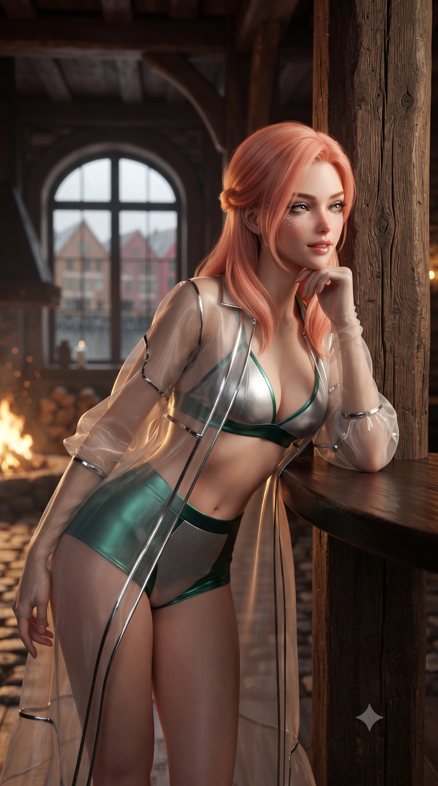 score_9, masterpiece, best quality, ultra-detailed, high-budget anime keyframe, editorial fashion photography, tasteful artistic composition, Japanese woman. close-up cowboy shot from the waist and thighs up, the character dominates the composition, filling the frame with her large presence. resting one elbow on the table and supporting her chin, leaning close to the camera with heavy-lidded sparkling eyes and parted lips while leaning against the massive hand-hewn timber pillar with hips cocked back, looking through arched dormer windows with smoldering bedroom-eyes. The background shows a soft-focus historic Bryggen wooden wharf gables across dark harbor waters, rain-washed cobblestones, and roaring hearth flames blurred into amber, mahogany, and navy bokeh. She has an exceptionally elegant, slender, and willowy female figure with an ultra-slim waist, flat toned midriff, narrow ribcage, and sculpted feminine hips creating an alluring, slim hourglass silhouette without bulk. sharp v-shaped jawline, high-bridge nose, intricate jewel-like sparkling eyes with depth, thick eyelashes, glossy parted lips with a natural peach sheen, bright cheerful beaming smile with an enchanting and coquettish sensual glint, exuding both youthful cute charm and seductive allure, flawlessly proportioned anatomical accuracy, strict slender model proportions, natural body alignment, perfectly sculpted long slender limbs, ultra-slim waistline, clean dynamic posture without body distortion. wearing a delicate sheer organza futuristic caftan with metallic chrome accents worn open over a micro liquid-metal bralette in Nordic aurora emerald green and starlight silver, made of fluid liquid jersey with seamless sculpting hold and smooth contours, complemented by sheer opera-length evening gloves tracing her slender arms, the second-skin tailored fabric adhering flawlessly to her sculpted flat midriff and slender torso, emphasizing her long leg lines and perfectly proportioned willowy build. illuminated by timber floor reflection fill and sharp flame-gold rim lights defining her razor-sharp jawline, narrow waist, and curvy hips. ultra-reflective glossy finish, specular highlights, rich textural contrasts, high-contrast stereoscopic depth, volumetric dynamic lighting, 2k, ultra detail, master piece, 9:16 ratio