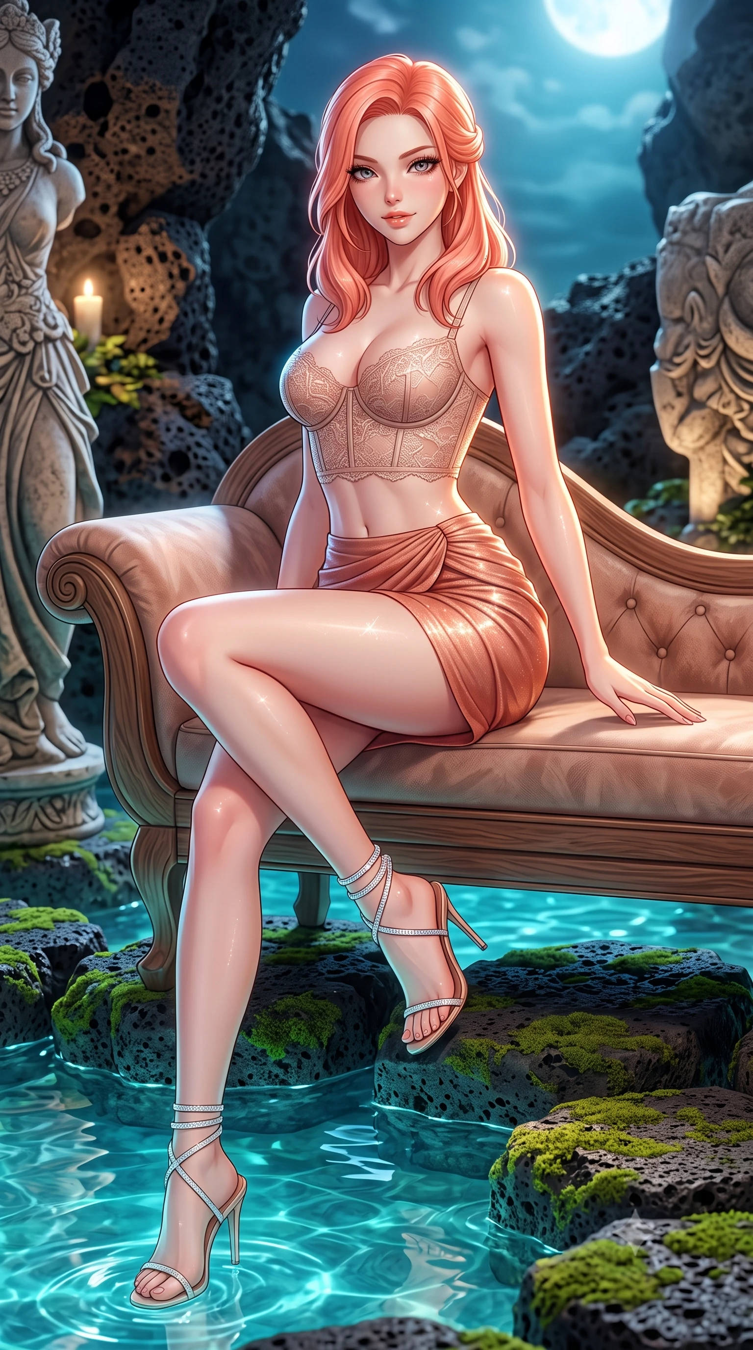 score_9, masterpiece, best quality, ultra-detailed, high-budget anime keyframe, semi-realistic 3D game render, editorial fashion photography, tasteful artistic composition, Japanese woman. close-up cowboy shot from the waist and thighs up, the character dominates the composition, filling the frame with her large presence. perched sideways on the lounge seat, one knee drawn up to showcase her slender leg line while her arched back accentuates her feminine hip curve while standing poised on the mossy volcanic stepping stone in the natural spring lagoon, arching her back with hypnotic island siren allure. The surrounding environment is rendered in vivid detail and crisp panoramic clarity: sharp porous black volcanic basalt stone textures, carved stone statue details, and crystal-clear spring water clarity in deep focus. She has an exceptionally elegant, slender, and willowy female figure with an ultra-slim waist, flat toned midriff, narrow ribcage, and sculpted feminine hips creating an alluring, slim hourglass silhouette without bulk. sharp v-shaped jawline, high-bridge nose, sparkling eyes with hypnotic seductive depth, thick curled eyelashes, glossy parted lips with a natural dewy peach sheen, alluring bedroom-eyes with an enchanting coquettish smile, exuding magnetic siren charisma and sophisticated glamour, flawlessly proportioned anatomical accuracy, strict slender model proportions, natural body alignment, perfectly sculpted long slender limbs, ultra-slim waistline, clean dynamic posture without body distortion. wearing a sculpted underwire demi-bustier in semi-sheer lace paired with an ultra-short draped tulip skirt in Positano terracotta and blush peach, woven from stretch metallic lurex jersey casting radiant starlight glints across her silhouette, complemented by strappy stiletto sandals with crystal ankle wraps accentuating her slender calves, the second-skin tailored fabric adhering flawlessly to her sculpted flat midriff and slender torso, emphasizing her long leg lines and perfectly proportioned willowy build. bathed in luminous underwater aquamarine spring lighting paired with soft warm garden uplights and full moonlight. highly saturated vibrant anime colors, detailed shading with soft gradients, rich glossy textures, high-contrast stereoscopic depth, volumetric dynamic lighting, master piece, 9:16 ratio