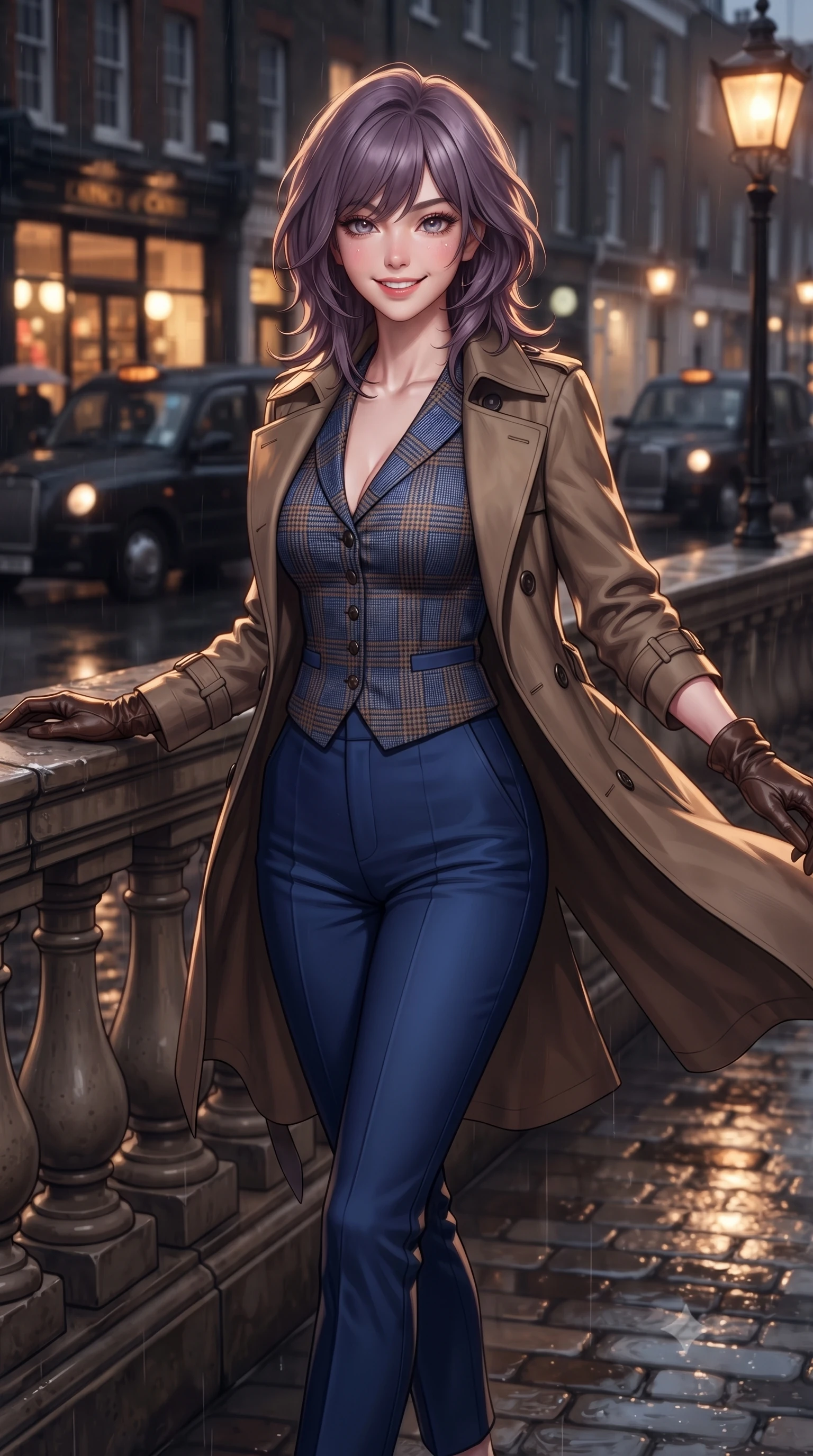 score_9, masterpiece, best quality, ultra-detailed, high-budget anime keyframe, editorial fashion photography, tasteful artistic composition, Japanese woman. close-up cowboy shot from the waist and thighs up, the character dominates the composition, filling the frame with her large presence. resting both elbows on the balustrade while leaning forward gracefully, her smile sparkling with youthful cute charm and seductive allure while walking down the rain-slicked London street with confident model strides, her trench coat fluttering with dynamic rhythm. The background shows a soft-focus glowing gas lanterns reflecting on wet cobblestones, classic black cabs driving past, and warm storefront displays blurred into amber, charcoal, and ruby bokeh. She has an exceptionally elegant, slender, and willowy female figure with an ultra-slim waist, flat toned midriff, narrow ribcage, and sculpted feminine hips creating an alluring, slim hourglass silhouette without bulk. sharp v-shaped jawline, high-bridge nose, intricate jewel-like sparkling eyes with depth, thick eyelashes, glossy parted lips with a natural peach sheen, bright cheerful beaming smile with an enchanting and coquettish sensual glint, exuding both youthful cute charm and seductive allure, flawlessly proportioned anatomical accuracy, strict slender model proportions, natural body alignment, perfectly sculpted long slender limbs, ultra-slim waistline, clean dynamic posture without body distortion. wearing a sleek Prince of Wales check tailored vest bodice hugging her torso, paired with matching ultra-high-rise cigarette trousers in royal sapphire blue and antique brushed bronze, woven from fine elastic rib-knit fabric tracing every millimeter of her slender torso, complemented by buttery leather opera gloves tracing her slender arms with sleek polish, the form-contouring silhouette accentuating her sculpted flat midriff, narrow delicate ribcage, and gracefully curvy hips with intoxicating allure. illuminated by wet pavement specular reflections and crisp silver-amber rim lights accentuating her tall slender frame and cheekbones. ultra-reflective glossy finish, specular highlights, rich textural contrasts, high-contrast stereoscopic depth, volumetric dynamic lighting, 2k, ultra detail, master piece, 9:16 ratio