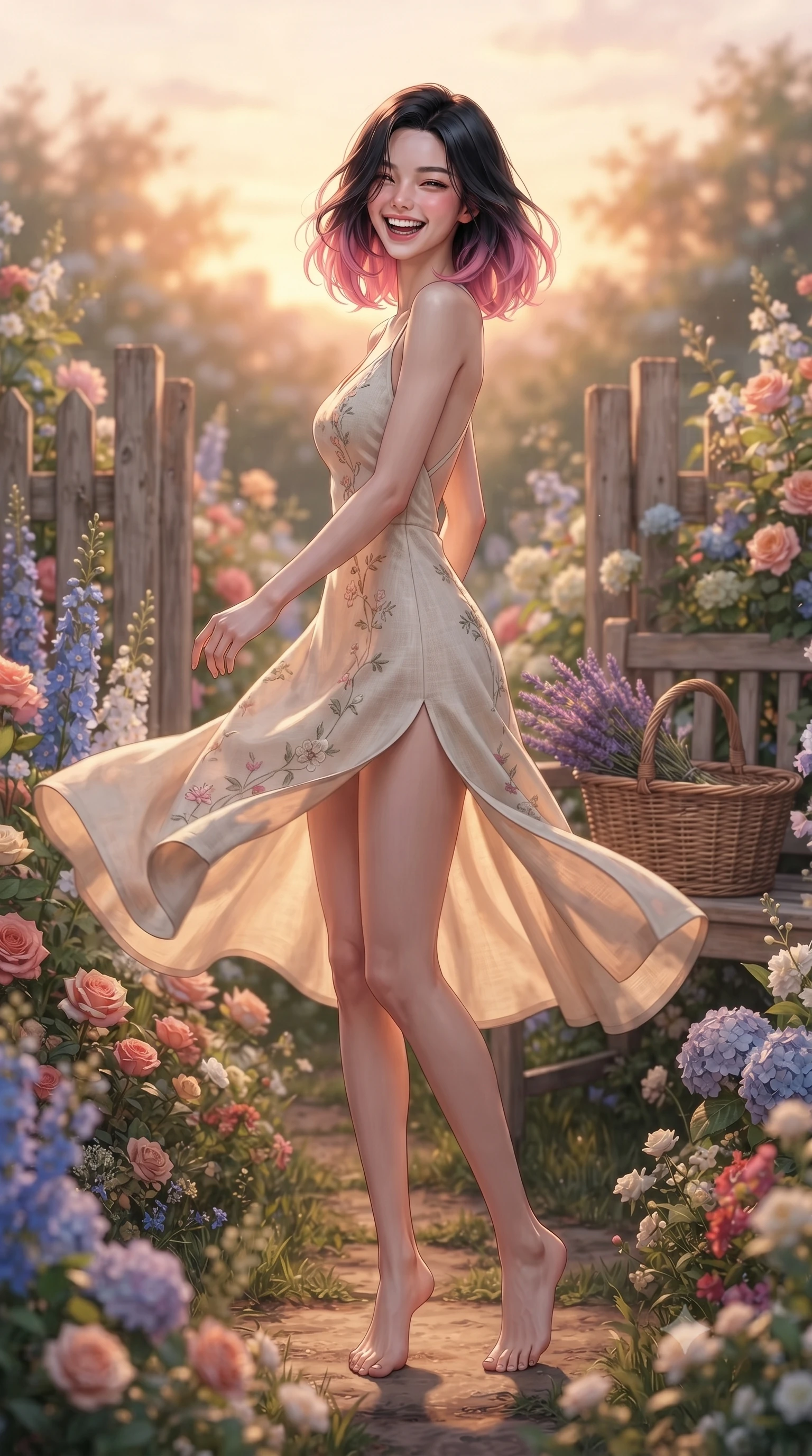 score_9, masterpiece, best quality, ultra-detailed, high-budget anime keyframe, editorial fashion photography, tasteful artistic composition, Korean woman. low angle full-body shot from head to toe showing her feet, filling the entire 9:16 vertical frame with her statuesque presence, stretching her vertical silhouette. twirling around with a playful, cute laugh, her skirt billowing beautifully in the air set against a soft-focus background of in a lovely cottage garden filled with mixed cottage flowers and wooden fences carrying a woven basket filled with freshly picked lavender stems. She has an absolutely perfect, statuesque 8.5-heads proportion, an exceptionally tall and slender model-like female figure with impossibly long slender legs and an ultra-slim waist. sharp v-shaped jawline, high-bridge nose, intricate jewel-like eyes with depth, thick eyelashes, glossy lips with a natural sheen. wearing form-contouring linen sundress with a daring high slit and a low-cut back design. golden hour sunset light casting a warm, romantic orange glow over the field. ultra-reflective glossy finish, specular highlights, metallic sheen, high-contrast stereoscopic depth, volumetric dynamic lighting, 2k, ultra detail, master piece, 9:16 ratio