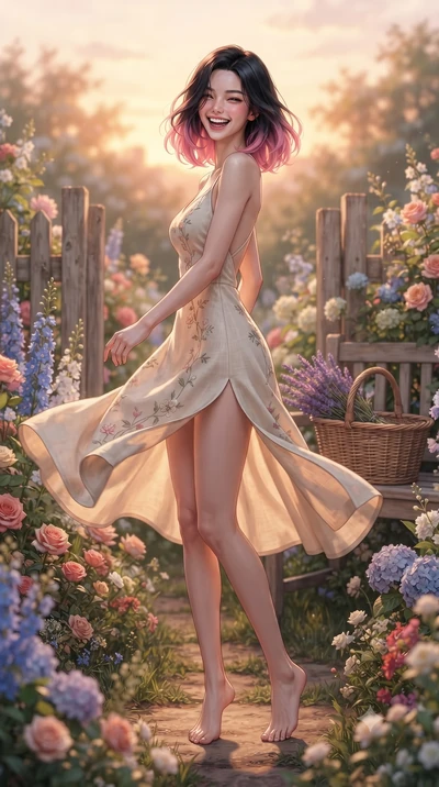 score_9, masterpiece, best quality, ultra-detailed, high-budget anime keyframe, editorial fashion photography, tasteful artistic composition, Korean woman. low angle full-body shot from head to toe showing her feet, filling the entire 9:16 vertical f