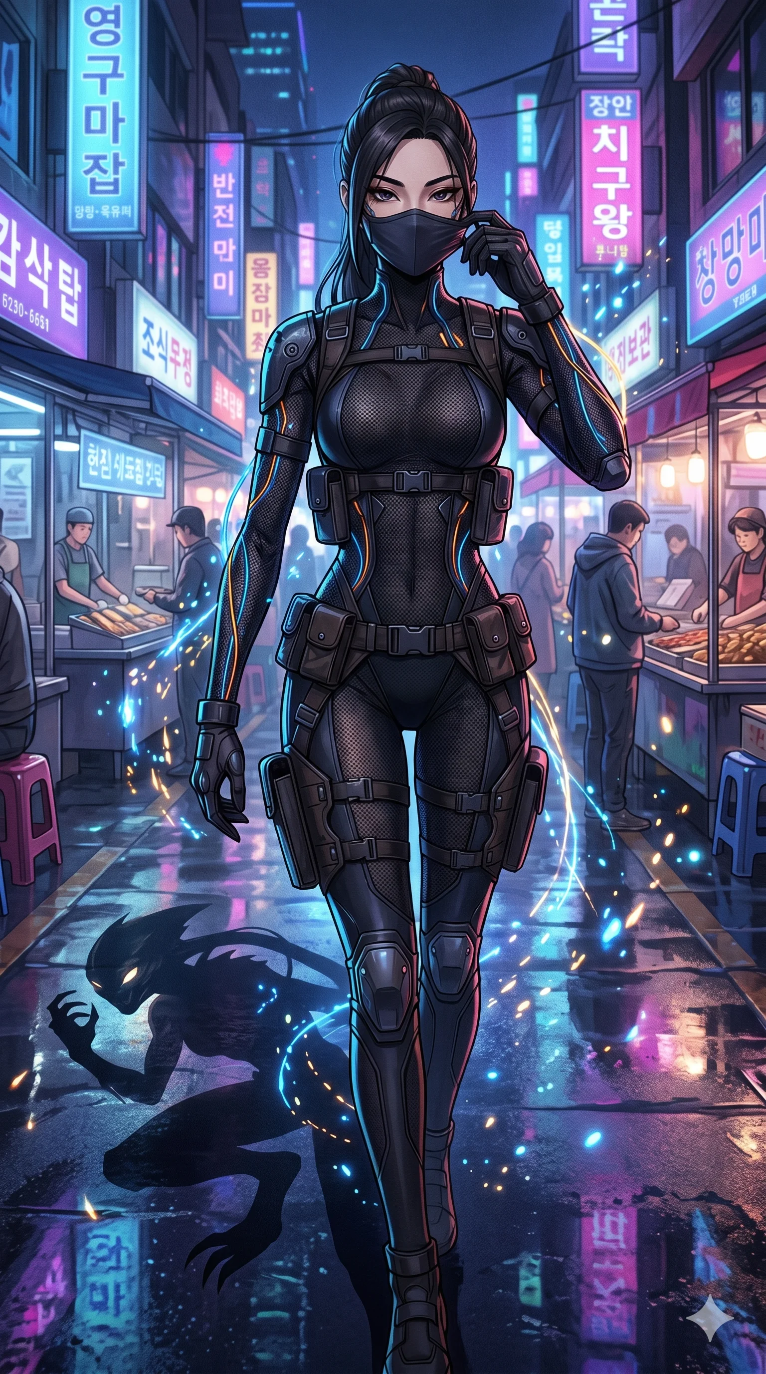 score_9, masterpiece, best quality, ultra-detailed, Set A: High-budget Anime Keyframe, Korean woman. Low angle cowboy shot filling the entire 9:16 frame with her statuesque presence. Adjusting a mask through a futuristic night market, while her shadow mimics the movements of a predator 275 and surrounded by glowing energy sparks. She has an absolutely perfect 8-heads proportion, an exceptionally tall and slender female figure with impossibly long slender legs and an ultra-slim waist. Sharp v-shaped jawline, high-bridge nose, intricate jewel-like eyes with depth, thick eyelashes, glossy lips with a natural sheen. Wearing Tactical mesh bodysuit with integrated glowing data-cables and leather pouches. Cinematic lighting, vibrant colors, dramatic shadows, 2k, ultra detail, master piece, 9:16 ratio