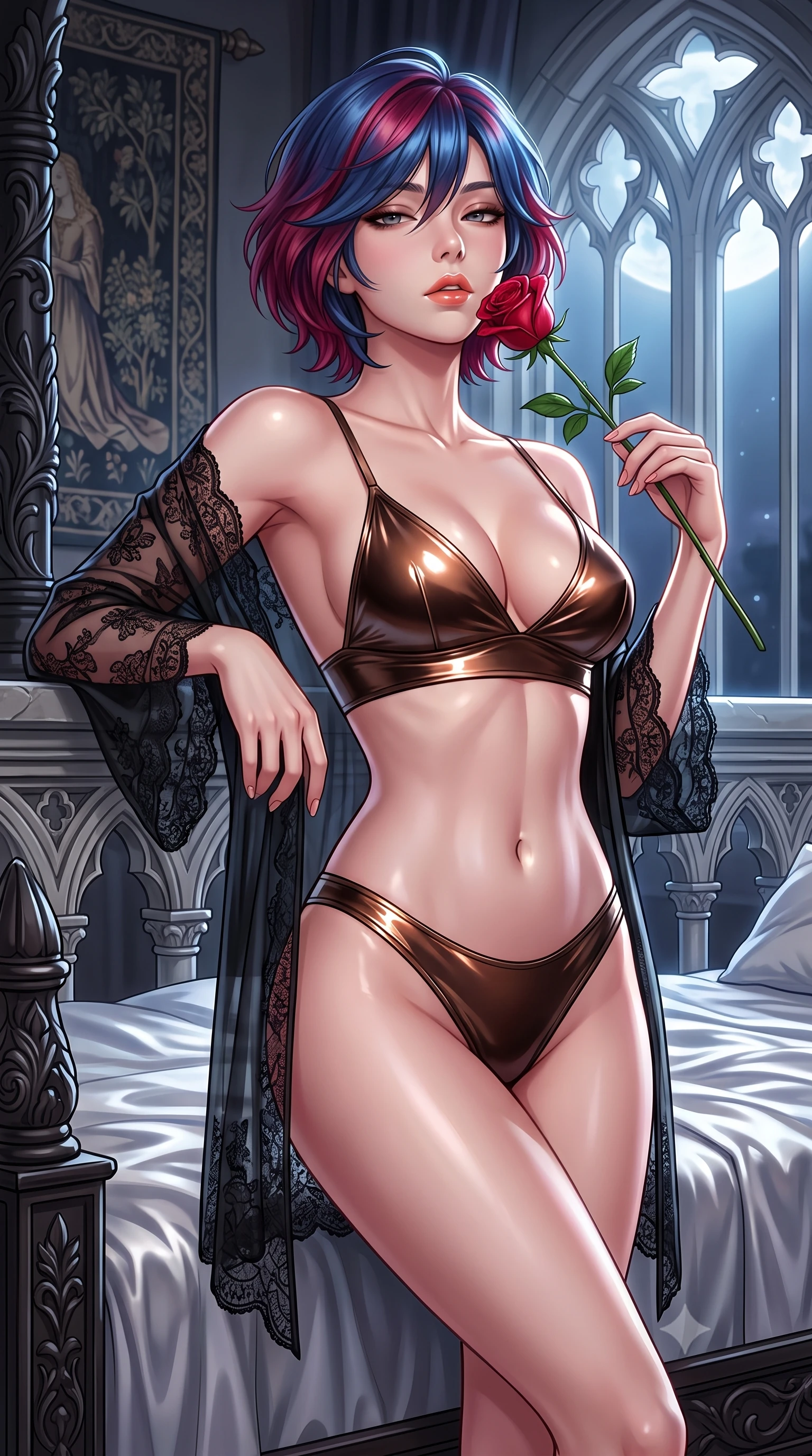 score_9, masterpiece, best quality, ultra-detailed, high-budget anime keyframe, semi-realistic 3D game render, editorial fashion photography, tasteful artistic composition, Korean woman. close-up cowboy shot from the waist and thighs up, the character dominates the composition, filling the frame with her large presence. leaning back against the balustrade with relaxed seductive grace, head tilted back slightly while casting a hypnotic, heavy-lidded gaze while twisting her slender torso in an alluring S-curve while adjusting a sheer robe, silver moonlight pouring through pointed-arch windows. The surrounding environment is rendered in vivid detail and crisp panoramic clarity: sharp silk bedsheet creases, carved ebony bedpost reliefs, and gothic wall tapestry threads in deep focus. She has an exceptionally elegant, slender, and willowy female figure with an ultra-slim waist, flat toned midriff, narrow ribcage, and sculpted feminine hips creating an alluring, slim hourglass silhouette without bulk. sharp v-shaped jawline, high-bridge nose, sparkling eyes with hypnotic seductive depth, thick curled eyelashes, glossy parted lips with a natural dewy peach sheen, alluring bedroom-eyes with an enchanting coquettish smile, exuding magnetic siren charisma and sophisticated glamour, flawlessly proportioned anatomical accuracy, strict slender model proportions, natural body alignment, perfectly sculpted long slender limbs, ultra-slim waistline, clean dynamic posture without body distortion. wearing a delicate semi-sheer black Chantilly lace boudoir robe worn loose and slipping off bare shoulders over a matching satin bralette in sultry espresso bronze and metallic copper with velvet sheen, crafted from wet-look high-gloss vinyl fabric with dazzling specular surface reflections, accented with a single fresh-cut long-stemmed crimson rose held delicately near her parted lips, the second-skin tailored fabric adhering flawlessly to her sculpted flat midriff and slender torso, emphasizing her long leg lines and perfectly proportioned willowy build. illuminated by silk bedding reflection fill and sharp platinum-gold rim lights defining her collarbones, narrow waist, and curvy hips. highly saturated vibrant anime colors, detailed shading with soft gradients, rich glossy textures, high-contrast stereoscopic depth, volumetric dynamic lighting, master piece, 9:16 ratio