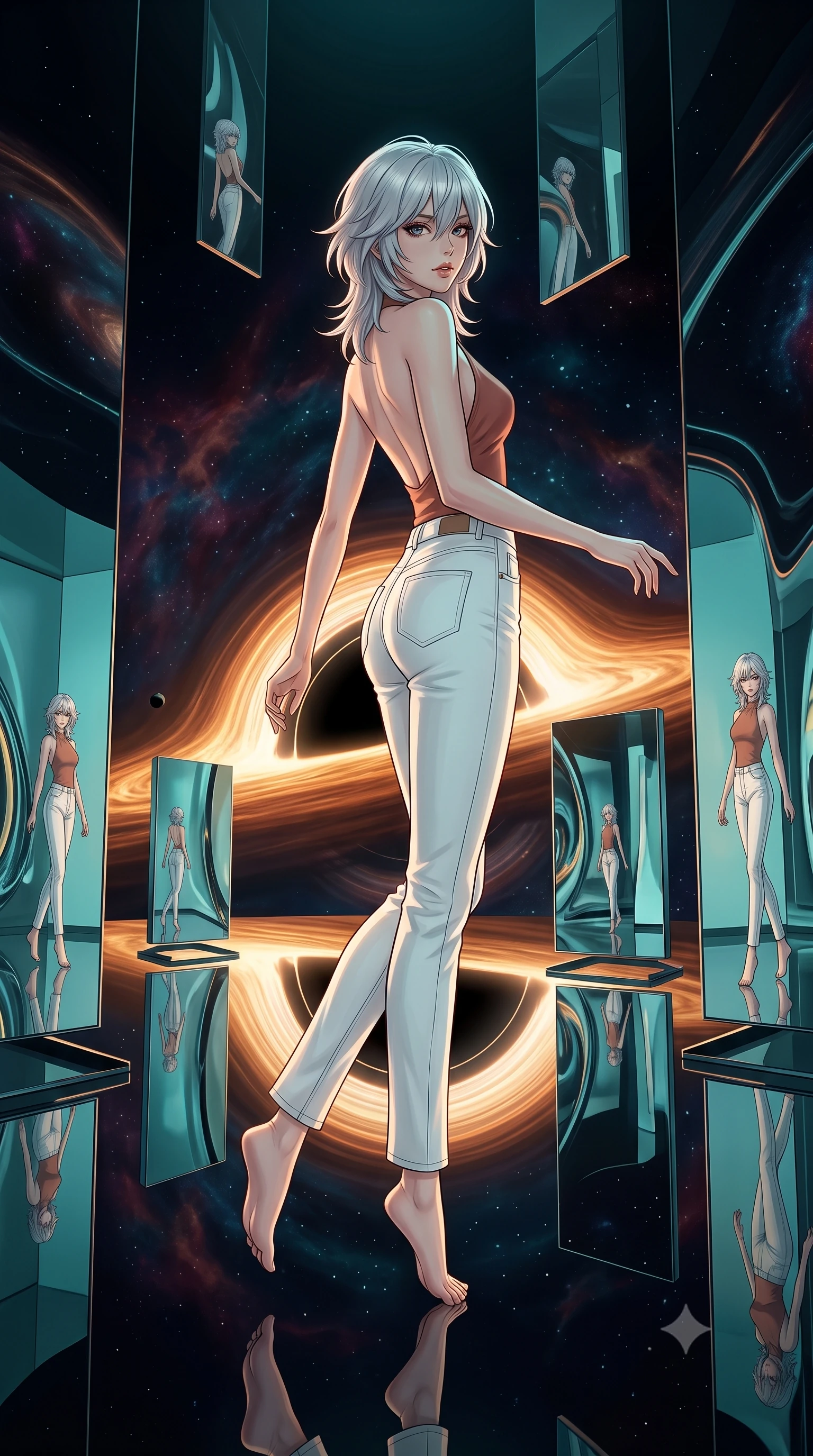 score_9, masterpiece, best quality, ultra-detailed, high-budget anime keyframe, editorial fashion photography, tasteful artistic composition, Japanese woman. low angle full-body shot from head to toe showing her feet, filling the entire 9:16 vertical frame with her statuesque presence, stretching her vertical silhouette. pirouetting mid-air inside a gallery positioned at the edge of a black hole where extreme gravity bends light around mirrors creating impossible reflections of infinity with space-time visibly warping and stretching near each polished surface. She has a statuesque 8.5-heads proportion, an exceptionally tall, slender and willowy model-like build with impossibly long legs and a highly sculpted ultra-slim waist. sharp v-shaped jawline, high-bridge nose, intricate jewel-like eyes with depth, thick eyelashes, glossy lips with a natural sheen. wearing a backless halter-neck top in muted terracotta, paired with high-waisted white denim trousers. warm amber rim lighting combined with cool teal fill light creating dramatic contrast. 2k, ultra detail, master piece, 9:16 ratio