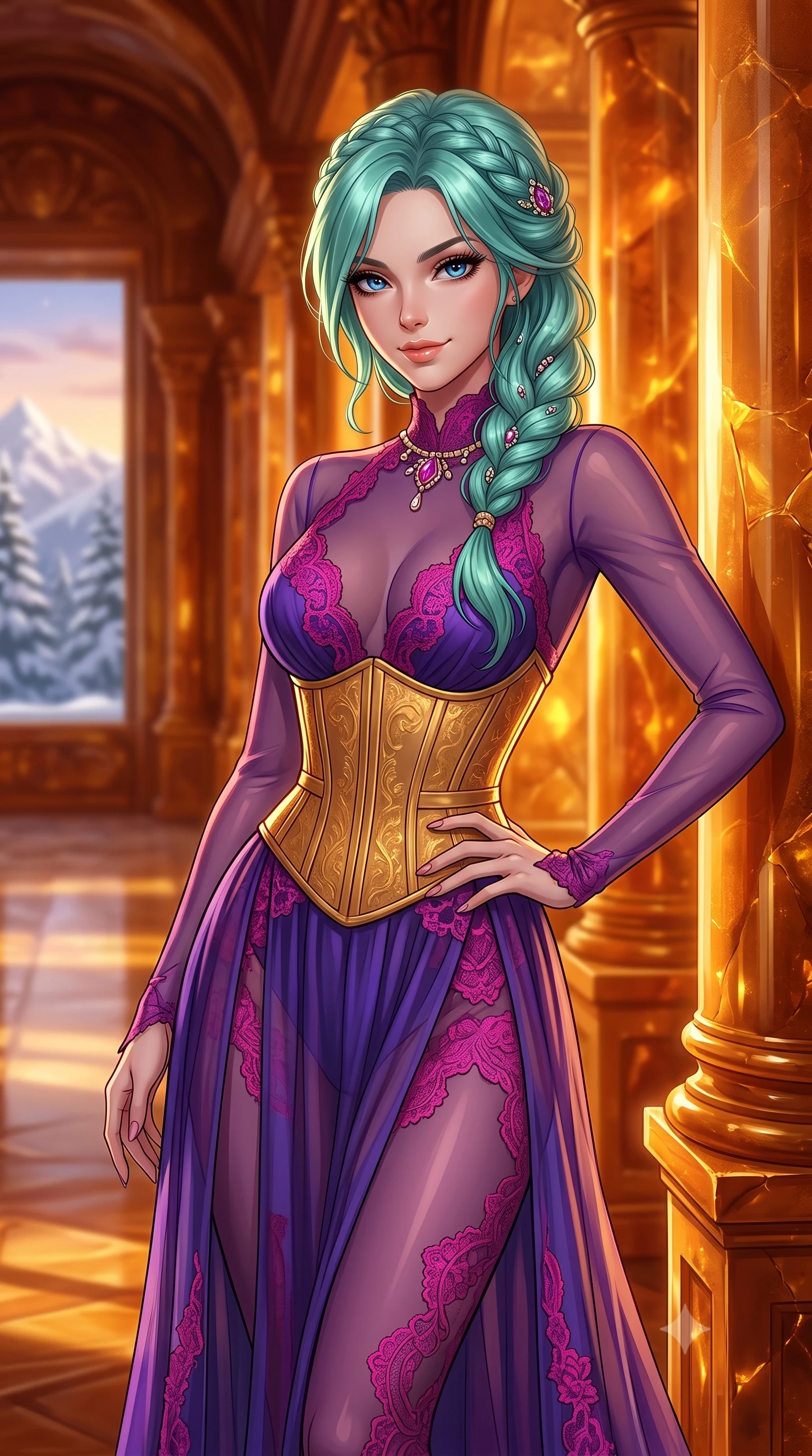 score_9, masterpiece, best quality, ultra-detailed, high-budget anime keyframe, editorial fashion photography, tasteful artistic composition, Japanese woman. close-up cowboy shot from the waist and thighs up, the character dominates the composition, filling the frame with her large presence, background elements kept in soft focus. Exhibiting a confident, playful smirk directly into the camera. set against a soft-focus background of standing inside a grand corridor of a palace made entirely of warm fossilized amber in a snowy pine mountain valley, glowing from within during a winter sunset. She has an exceptionally elegant, slender, and willowy female figure with a highly-defined ultra-slim waist, a gracefully sculpted slender torso, and a refined slim-fit silhouette that contours her form. sharp v-shaped jawline, high-bridge nose, intricate jewel-like eyes with depth, thick eyelashes, glossy lips with a natural sheen. wearing a floor-length sheer gown in royal purple, featuring strategic fuchsia lace placement and a structured gold corset. warm golden sunset rays reflecting off the polished amber columns, creating deep honey-colored shadows. 2k, ultra detail, master piece, 9:16 ratio