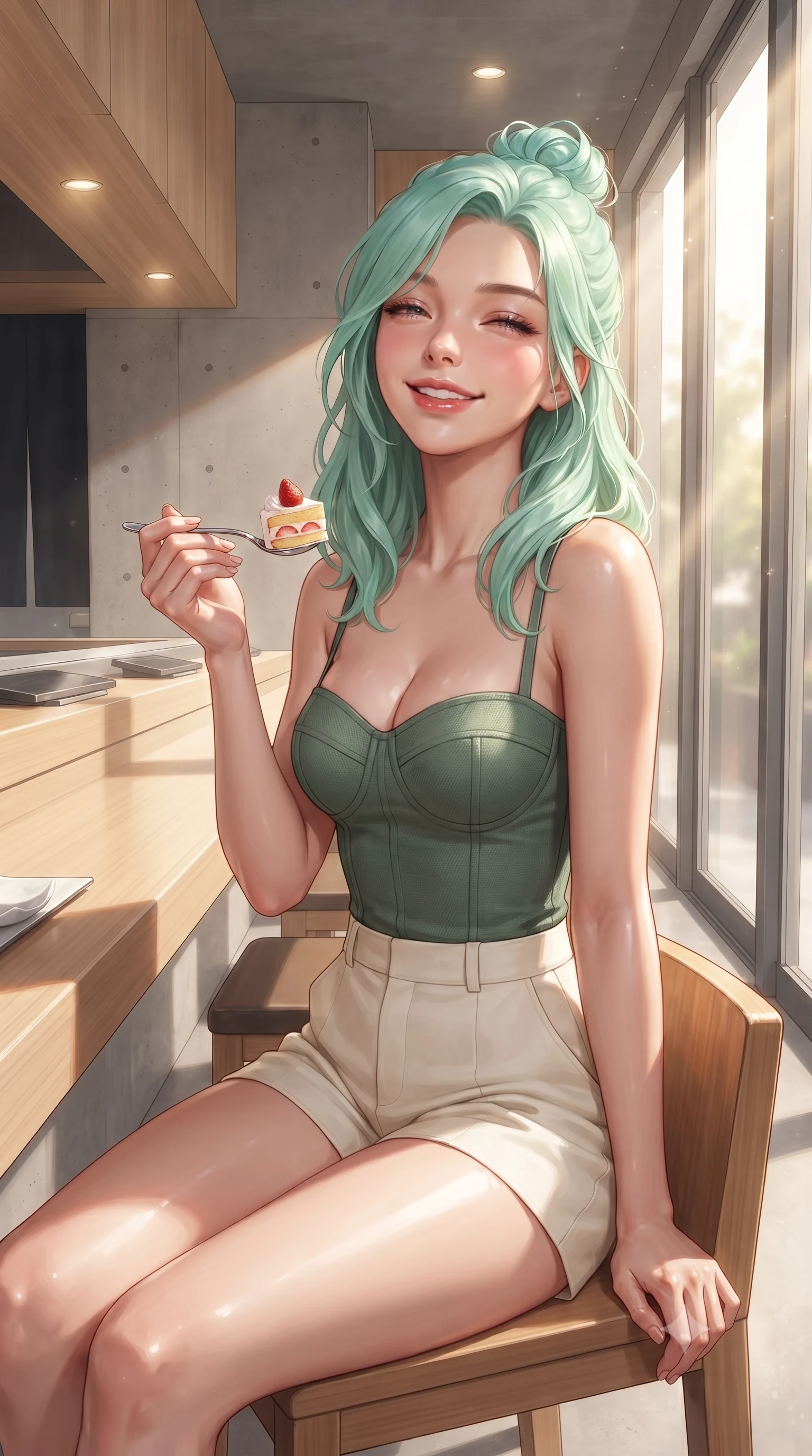 score_9, masterpiece, best quality, ultra-detailed, high-budget anime keyframe, editorial fashion photography, tasteful artistic composition, Japanese woman. close-up cowboy shot from the waist and thighs up, the character dominates the composition, filling the frame with her large presence, background elements kept in soft focus. smiling happily with closed eyes, enjoying the warm sunbeams on her face set against a soft-focus background of inside an upscale modern sushi bar with sleek wood panels and concrete accents holding a spoon with a bite of strawberry cake, smiling happily at the camera. She has an exceptionally elegant, slender, and willowy female figure with an ultra-slim waist, a gracefully sculpted slender torso, and a refined silhouette. sharp v-shaped jawline, high-bridge nose, intricate jewel-like eyes with depth, thick eyelashes, glossy lips with a natural sheen. wearing slim-fit tailored cotton bustier top paired with high-waist tailored shorts. bright afternoon sunlight streaming through the large window pane. ultra-reflective glossy finish, specular highlights, metallic sheen, high-contrast stereoscopic depth, volumetric dynamic lighting, 2k, ultra detail, master piece, 9:16 ratio