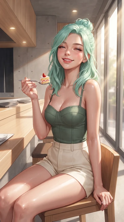 score_9, masterpiece, best quality, ultra-detailed, high-budget anime keyframe, editorial fashion photography, tasteful artistic composition, Japanese woman. close-up cowboy shot from the waist and thighs up, the character dominates the composition, 