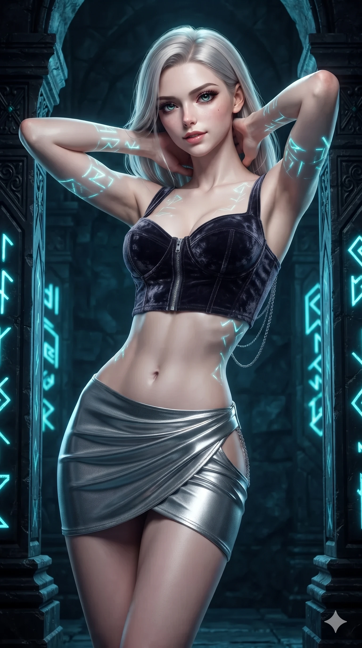 score_9, masterpiece, best quality, ultra-detailed, high-budget anime keyframe, editorial fashion photography, tasteful artistic composition, Caucasian woman. close-up cowboy shot from the waist and thighs up, the character dominates the composition, filling the frame with her large presence. resting both hands lightly behind her neck with elbows raised, arching her spine to highlight her narrow waist and flat midriff while twisting her slender torso in an alluring S-curve between towering obsidian pillars, glowing cyan runes casting intricate shadow patterns on her skin. The surrounding environment is rendered in vivid detail and crisp panoramic clarity: detailed gothic velvet bodice gown drape, silver zipper teeth, and cybernetic rune details in razor-sharp precision. She has an exceptionally elegant, slender, and willowy female figure with an ultra-slim waist, flat toned midriff, narrow ribcage, and sculpted feminine hips creating an alluring, slim hourglass silhouette without bulk. sharp v-shaped jawline, high-bridge nose, intricate jewel-like dark sparkling eyes with hypnotic seductive depth, thick curled eyelashes, glossy parted lips with a natural wine sheen, alluring bedroom-eyes with an enigmatic smoldering smile, exuding magnetic sovereign charisma and dark avant-garde glamour, flawlessly proportioned anatomical accuracy, strict slender model proportions, natural body alignment, perfectly sculpted long slender limbs, ultra-slim waistline, clean dynamic posture without body distortion. wearing a structured underwire leather bustier top paired with an ultra-short draped wrap mini skirt in metallic liquid silver and pitch black, tailored from crushed dark velvet with deep light-absorbing plush texture, accented with an open-back drape framed by falling strands of delicate chrome chains, the precision-cut side openings and low-back scoop framing her graceful spine and the sensual sweep of her slim, toned hips. illuminated by intense radiant neon cyan and ultraviolet holographic projections contrasting with pitch-black stone. ultra-reflective glossy finish, specular highlights, metallic sheen, high-contrast stereoscopic depth, volumetric dynamic lighting, 2k, ultra detail, master piece, 9:16 ratio