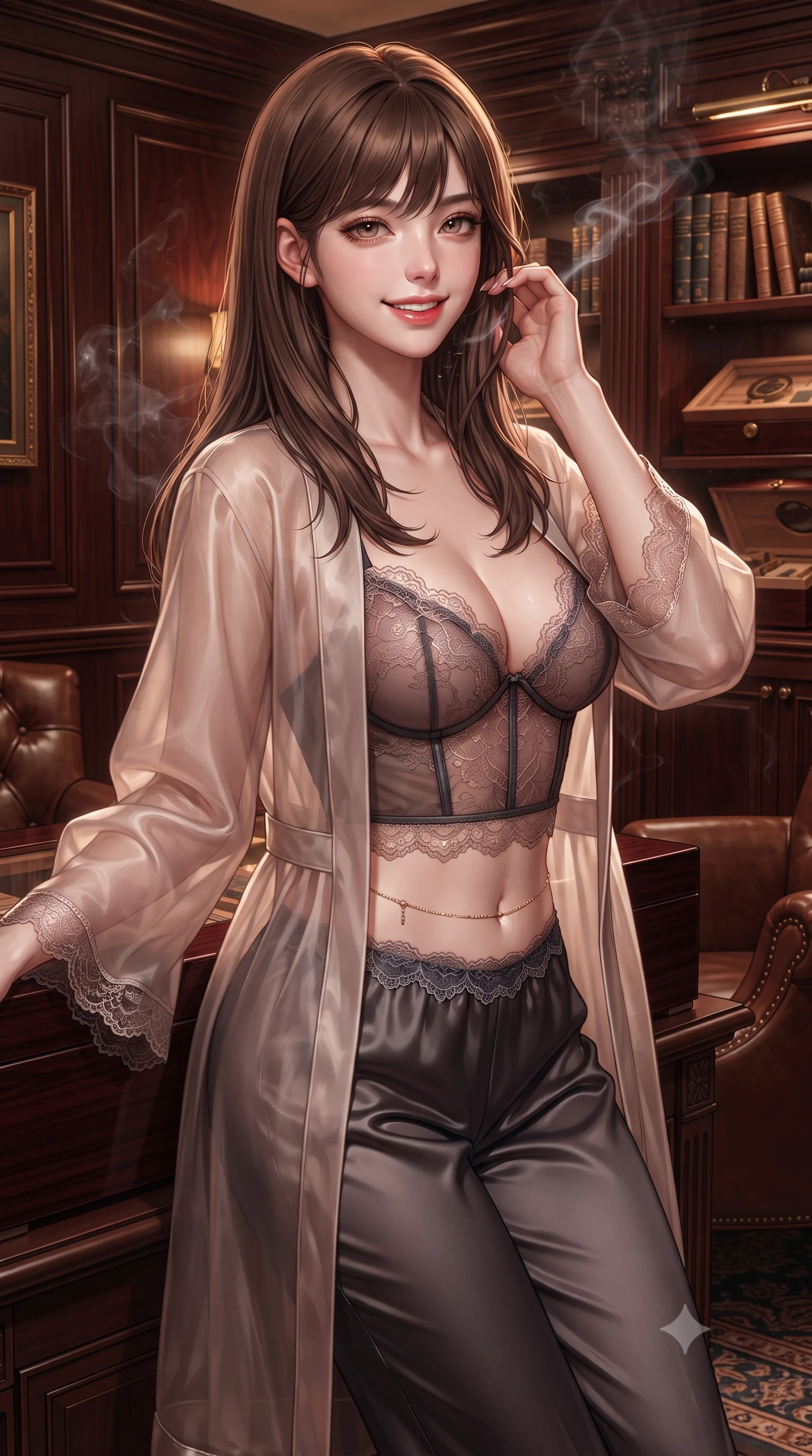 score_9, masterpiece, best quality, ultra-detailed, high-budget anime keyframe, editorial fashion photography, tasteful artistic composition, Korean woman. close-up cowboy shot from the waist and thighs up, the character dominates the composition, filling the frame with her large presence. gently brushing a lock of hair behind her ear while casting a playful, flirtatious side-gaze with long eyelashes while leaning against the dark mahogany humidor cabinet with hips cocked back, casting an intoxicating bedroom-gaze through drifting aromatic smoke. The surrounding environment is rendered in vivid detail and crisp panoramic clarity: detailed plunge-front sheer illusion tulle slip dress, liquid gold ribbons, and master interior architecture in high resolution. She has an exceptionally elegant, slender, and willowy female figure with an ultra-slim waist, flat toned midriff, narrow ribcage, and sculpted feminine hips creating an alluring, slim hourglass silhouette without bulk. sharp v-shaped jawline, high-bridge nose, intricate jewel-like sparkling eyes with depth, thick eyelashes, glossy parted lips with a natural peach sheen, bright cheerful beaming smile with an enchanting and coquettish sensual glint, exuding both youthful cute charm and seductive allure, flawlessly proportioned anatomical accuracy, strict slender model proportions, natural body alignment, perfectly sculpted long slender limbs, ultra-slim waistline, clean dynamic posture without body distortion. wearing a delicate translucent silk organza wrap robe worn loose over a sheer lace demi-bustier and satin tap pants in sultry copper rose and deep shadow charcoal, made of delicate semi-sheer French Chantilly lace with intricate eyelash edges, accented with a dainty gold belly chain resting across her flat midriff and curving hips, the form-contouring silhouette accentuating her sculpted flat midriff, narrow delicate ribcage, and gracefully curvy hips with intoxicating allure. illuminated by polished mahogany reflection fill and sharp copper-gold rim lights defining her razor-sharp jawline, narrow waist, and curvy hips. ultra-reflective glossy finish, specular highlights, rich textural contrasts, high-contrast stereoscopic depth, volumetric dynamic lighting, 2k, ultra detail, master piece, 9:16 ratio