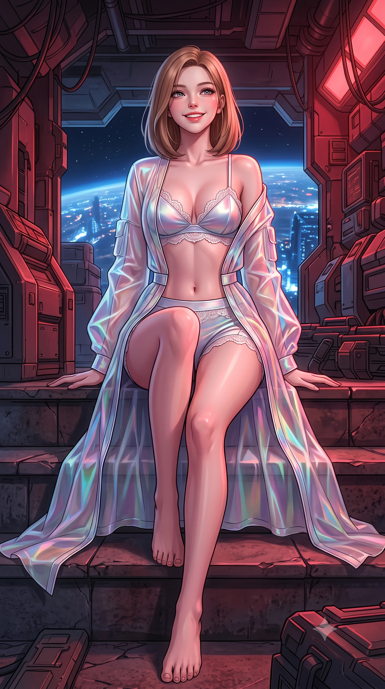 score_9, masterpiece, best quality, ultra-detailed, high-budget anime keyframe, semi-realistic 3D game render, editorial fashion photography, tasteful artistic composition, Korean woman. low angle full-body shot from head to toe showing her feet, filling the entire 9:16 vertical frame with her statuesque presence, stretching her vertical silhouette. sitting poised on the stone steps with one knee bent, arching her spine with supermodel elegance as she glances upward through thick eyelashes while twisting her slender torso in an alluring S-curve, deep crimson battle-stations strobes and planetary city lights criss-crossing across her flat midriff and hourglass curves. The surrounding environment is rendered in vivid detail and crisp panoramic clarity: detailed anime combat styling, glossy highlights, and heavy military orbital hardware in high resolution. She has an exceptionally tall and slender model-like 8.5-heads proportion, an ultra-slim waist, a flat toned midriff, narrow delicate ribcage, and beautifully sculpted feminine hips creating a graceful, slim hourglass silhouette without any bulky heaviness, with impossibly long slender legs. sharp v-shaped jawline, high-bridge nose, intricate jewel-like sparkling eyes with depth, thick eyelashes, glossy parted lips with a natural peach sheen, bright cheerful beaming smile with an enchanting and coquettish sensual glint, exuding both youthful cute charm and seductive allure, flawlessly proportioned anatomical accuracy, strict slender model proportions, natural body alignment, perfectly sculpted long slender limbs, ultra-slim waistline, clean dynamic posture without body distortion. wearing a translucent iridescent organza tactical robe slipping off bare shoulders over a matching satin micro-bralette and combat shorts in solar-sail rainbow diffraction and titanium white, made of delicate semi-sheer French Chantilly lace with intricate eyelash edges, finished with scalloped eyelash lace trim framing her sweetheart neckline with intimate elegance, the glove-like clinging cut tightly following the natural contour of her hips and long slender legs with youthful 8.5-heads elegance. bathed in moody 660nm deep crimson battle stations lighting mixed with cool blue planetary city-light radiance. highly saturated vibrant anime colors, detailed shading with soft gradients, rich glossy textures, high-contrast stereoscopic depth, volumetric dynamic lighting, master piece, 9:16 ratio