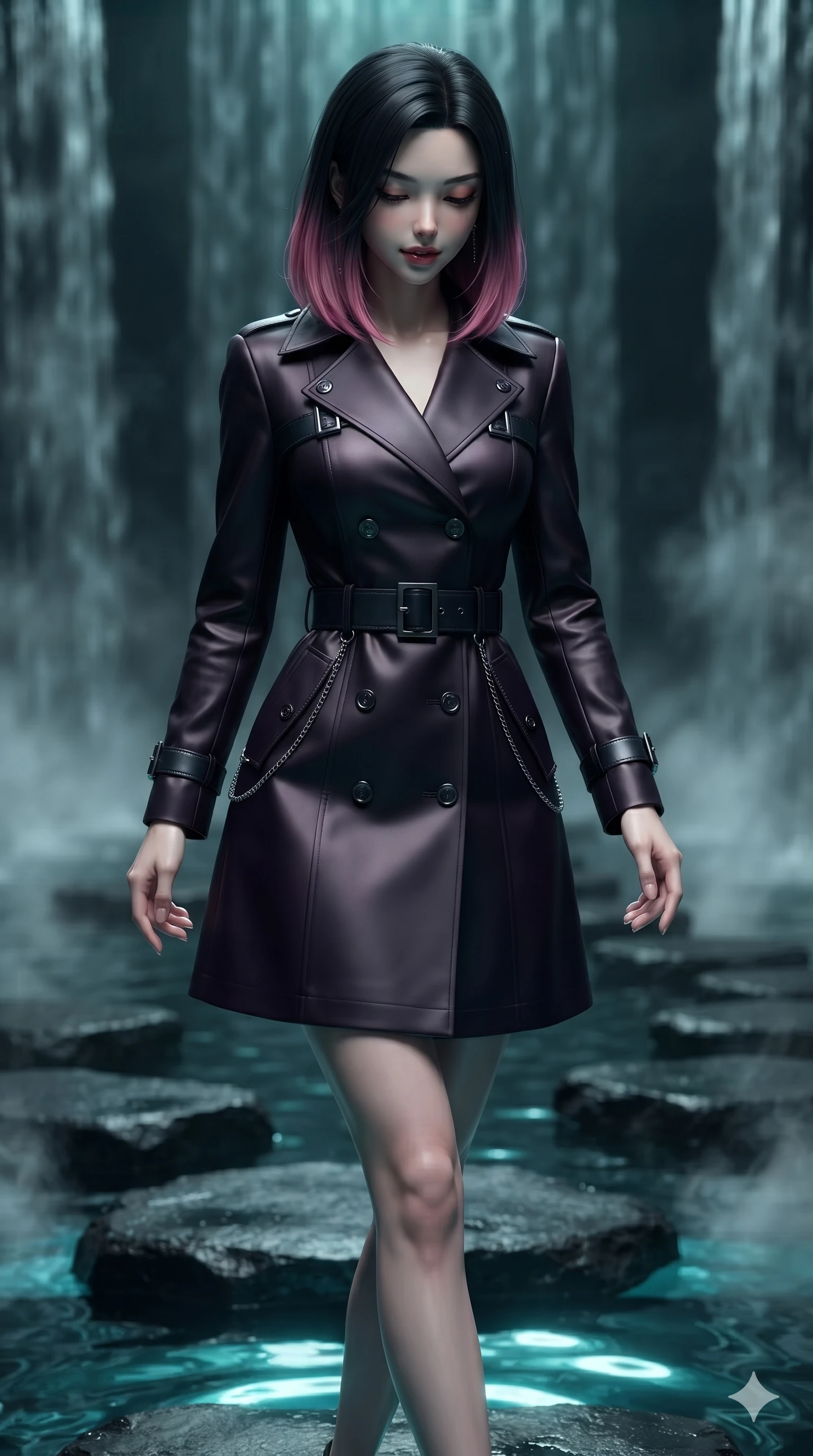 score_9, masterpiece, best quality, ultra-detailed, high-budget anime keyframe, editorial fashion photography, tasteful artistic composition, Korean woman. close-up cowboy shot from the waist and thighs up, the character dominates the composition, filling the frame with her large presence. looking down with lowered lashes and a composed, powerful dark aura, her tailored outfit tracing her curves while stepping gracefully from stone to stone across the midnight water garden, hips swaying in an alluring sensual rhythm. The background shows a soft-focus vertical cascading water walls, floating black volcanic stone pathways, and rising water vapor blurred into charcoal, teal, and slate bokeh. She has an exceptionally elegant, slender, and willowy female figure with an ultra-slim waist, flat toned midriff, narrow ribcage, and sculpted feminine hips creating an alluring, slim hourglass silhouette without bulk. sharp v-shaped jawline, high-bridge nose, intricate jewel-like dark sparkling eyes with hypnotic seductive depth, thick curled eyelashes, glossy parted lips with a natural wine sheen, alluring bedroom-eyes with an enigmatic smoldering smile, exuding magnetic sovereign charisma and dark avant-garde glamour, flawlessly proportioned anatomical accuracy, strict slender model proportions, natural body alignment, perfectly sculpted long slender limbs, ultra-slim waistline, clean dynamic posture without body distortion. wearing a structured double-breasted midnight trench coat dress with dark titanium buckle belt in obsidian black and dark plum violet, tailored from soft dark satin with subtle light-absorbing depth, framed by dark titanium buckles and silver chain details, the bespoke structured tailoring following the natural line of her 8.5-heads silhouette with refined elegance. bathed in dramatic submerged teal LED light wash cutting upward through crystalline dark water. ultra-reflective glossy finish, specular highlights, metallic sheen, high-contrast stereoscopic depth, volumetric dynamic lighting, 2k, ultra detail, master piece, 9:16 ratio