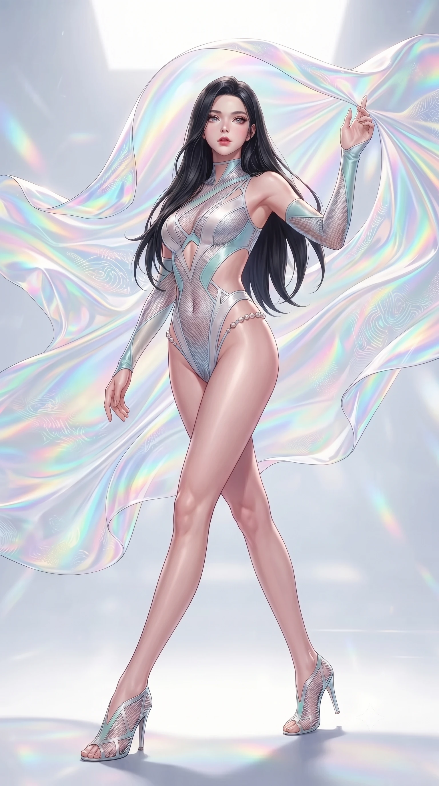 score_9, masterpiece, best quality, ultra-detailed, high-budget anime keyframe, editorial fashion photography, tasteful artistic composition, Korean woman. low angle full-body shot from head to toe showing her feet, filling the entire 9:16 vertical frame with her statuesque presence, stretching her vertical silhouette. stepping gracefully through the radiant environment, stretching her statuesque silhouette, touching a holographic silk veil that refracts daylight into brilliant pastel spectrums, editorial fashion presence with ethereal movement trails. She has an absolutely perfect, statuesque 8.5-heads proportion, an exceptionally tall and slender model-like female figure with impossibly long slender legs and an ultra-slim waist. sharp v-shaped jawline, high-bridge nose, intricate jewel-like eyes with depth, thick eyelashes, glossy lips with a natural sheen. wearing asymmetric high-cut cyber-bodysuit with detached sleeves in pearl white in pale opal seafoam, made of fine silver contouring mesh, adorned with minimalist pearl hardware framing the waistline, sculpting her athletic slender build with refined precision. lit by bright white studio key light with colorful prismatic rim lighting. highly saturated vibrant anime colors, detailed shading with soft gradients, rich glossy textures, high-contrast stereoscopic depth, volumetric dynamic lighting, master piece, 9:16 ratio