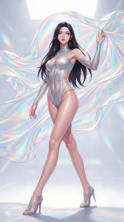 score_9, masterpiece, best quality, ultra-detailed, high-budget anime keyframe, editorial fashion photography, tasteful artistic composition, Korean woman. low angle full-body shot from head to toe showing her feet, filling the entire 9:16 vertical f
