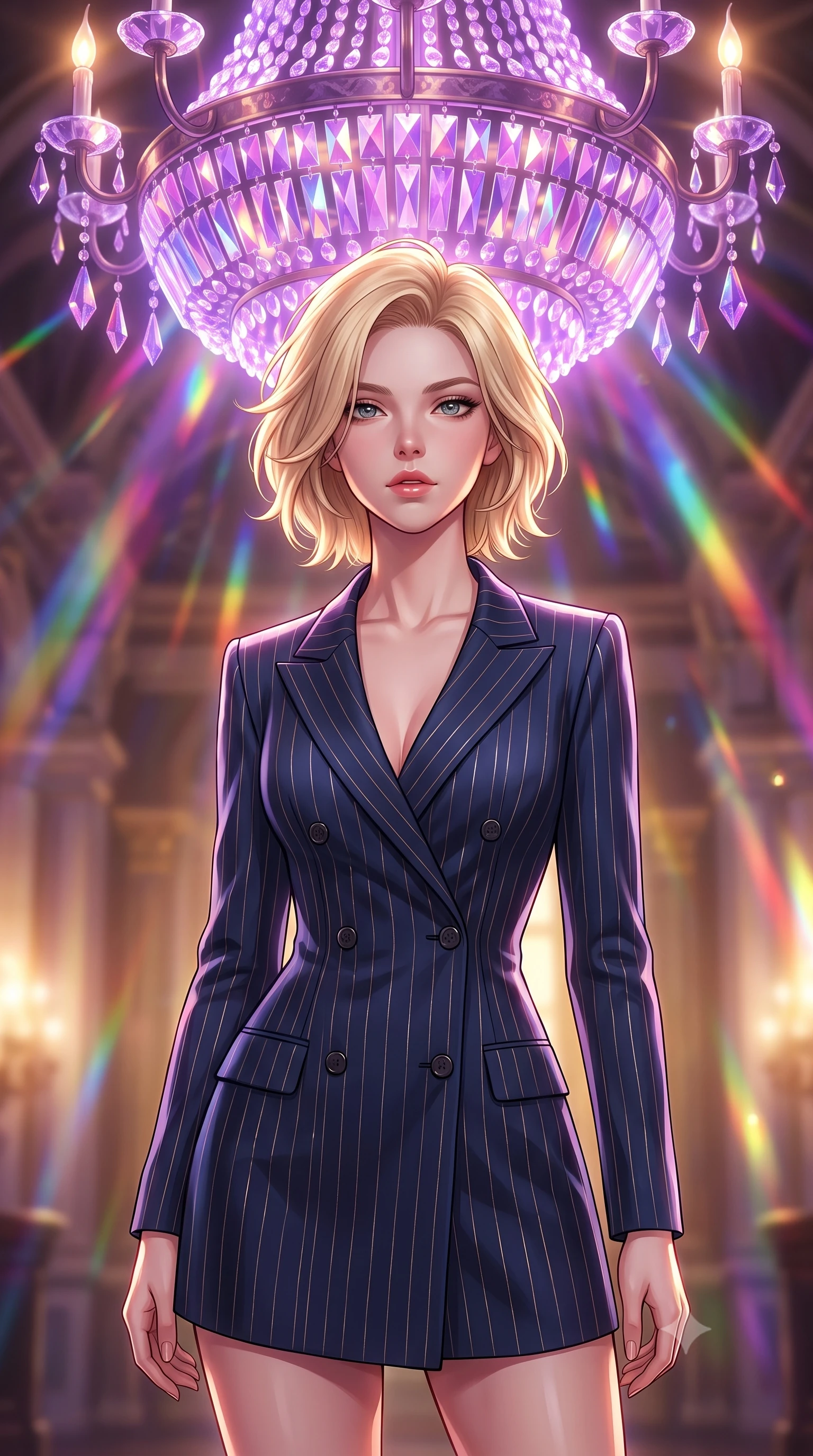 score_9, masterpiece, best quality, ultra-detailed, high-budget anime keyframe, editorial fashion photography, tasteful artistic composition, Caucasian woman. close-up cowboy shot from the waist and thighs up, the character dominates the composition, filling the frame with her large presence, background elements kept in soft focus. Gazing past the camera with an air of effortless elegance and mysterious confidence poised beneath a giant crystal chandelier refracting subterranean sunlight, massive violet and magenta crystal facets scattering prismatic light rays. She has an exceptionally elegant, slender, and willowy female figure with an ultra-slim waist, a gracefully sculpted slender torso, and a refined silhouette. sharp v-shaped jawline, high-bridge nose, intricate jewel-like eyes with depth, thick eyelashes, glossy lips with a natural sheen. wearing a tailored double-breasted blazer dress in navy with subtle metallic pin-stripes, the elegant draped fit framing her graceful clavicle and slender torso. lit by warm golden sunlight colliding with cool violet crystal illumination. highly saturated vibrant anime colors, detailed shading with soft gradients, rich glossy textures, high-contrast stereoscopic depth, volumetric dynamic lighting, master piece, 9:16 ratio