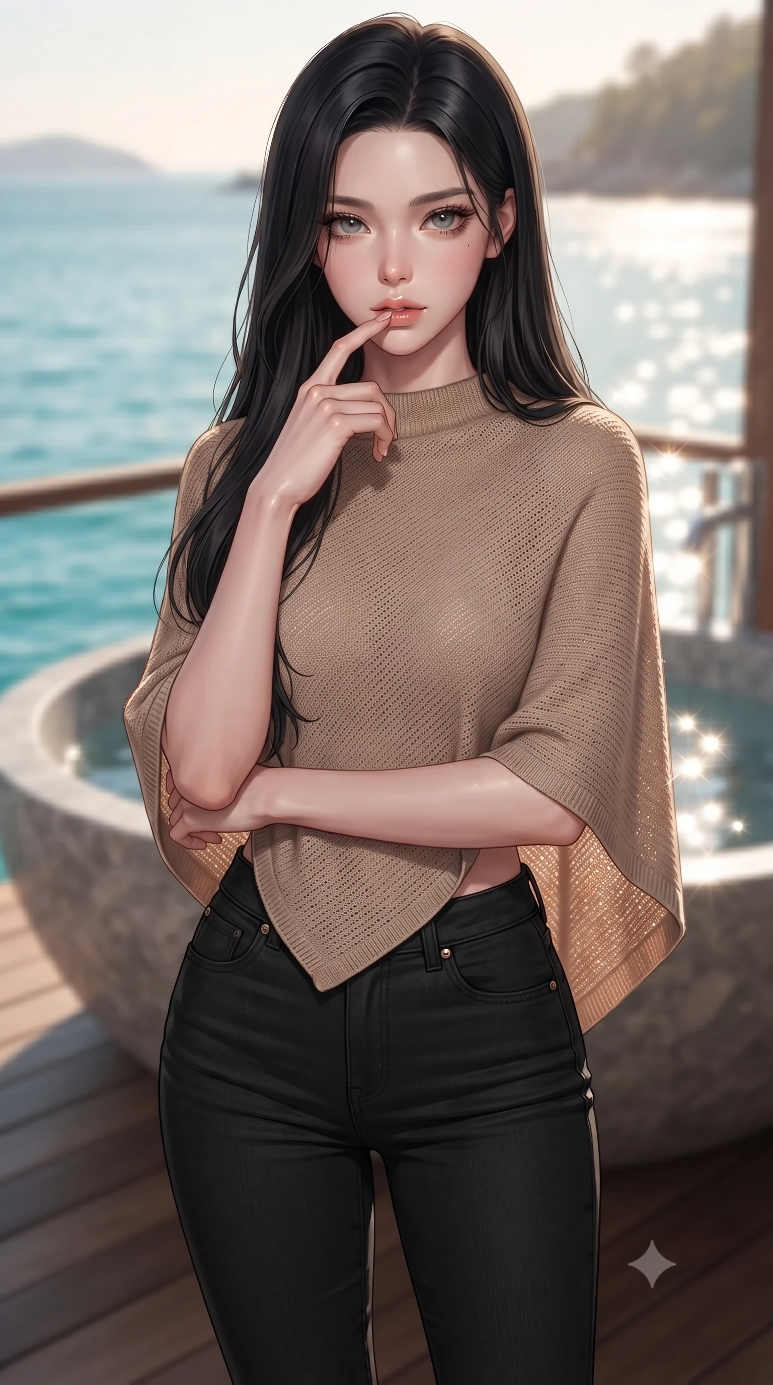 score_9, masterpiece, best quality, ultra-detailed, high-budget anime keyframe, editorial fashion photography, tasteful artistic composition, Korean woman woman. close-up cowboy shot from the waist and thighs up, the character dominates the composition, filling the frame with her large presence, background elements kept in soft focus. pressing one finger to her bottom lip in a thoughtful, seductive gesture under the warm sun the background shows a soft-focus a stone bath tub on a private deck overlooking a quiet bay with turquoise water. She has an exceptionally elegant, slender, and willowy female figure with an ultra-slim waist, a gracefully sculpted slender torso, and a refined silhouette. sharp v-shaped jawline, high-bridge nose, intricate jewel-like eyes with depth, thick eyelashes, glossy lips with a natural sheen. wearing a tailored stylish light brown knit poncho over black skinny jeans. bright morning sun rays creating sparkling glints on the sea and water tub. ultra-reflective glossy finish, specular highlights, metallic sheen, high-contrast stereoscopic depth, volumetric dynamic lighting, 2k, ultra detail, master piece, 9:16 ratio