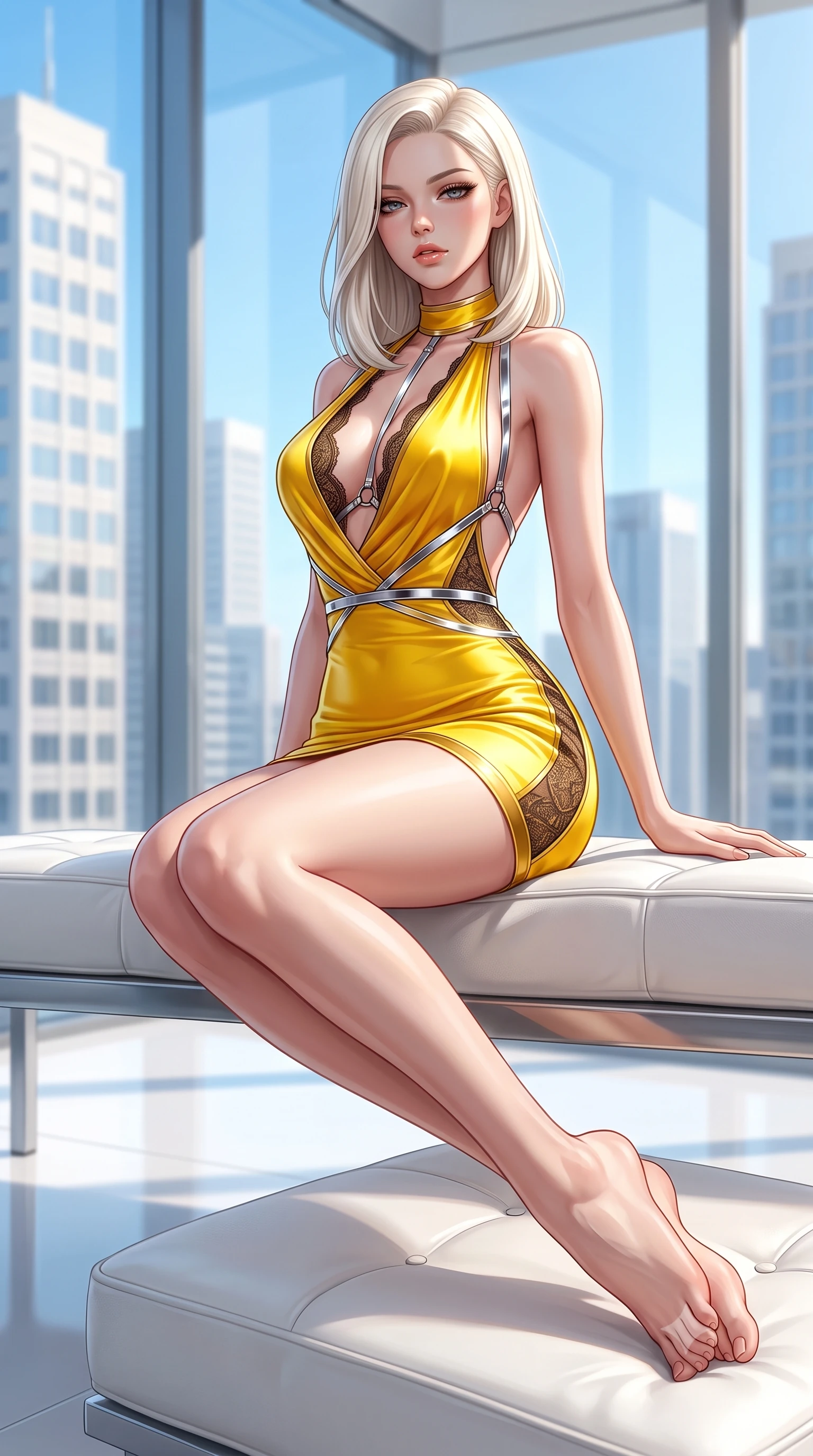 score_9, masterpiece, best quality, ultra-detailed, high-budget anime keyframe, semi-realistic 3D game render, editorial fashion photography, tasteful artistic composition, Caucasian woman. close-up cowboy shot from the waist and thighs up, the character dominates the composition, filling the frame with her large presence. casting a slow, smoldering gaze beneath heavy lashes with parted glossy lips, her head slightly tilted in captivating self-assurance while stretching her long slender legs along a low white leather lounger as natural daylight floods the interior. The composition keeps background elements in soft focus with creamy bokeh. sunlit skyscraper towers and clear blue skies blurred into bright, clean high-key urban bokeh. She has an exceptionally elegant, slender, and willowy female figure with an ultra-slim waist, a gracefully sculpted slender torso, toned flat midriff, and a refined slim silhouette. sharp v-shaped jawline, high-bridge nose, intricate jewel-like eyes with depth, thick eyelashes, glossy lips with a natural sheen, flawlessly proportioned anatomical accuracy, strict slender model proportions, natural body alignment, perfectly sculpted long slender limbs, ultra-slim waistline, clean dynamic posture without body distortion. wearing a form-contouring liquid satin halter-neck mini dress with a deep crossover cowl front, open back, and ultra-slender waist drape in vibrant sunburst canary yellow and gold trim, crafted from delicate dark lace interwoven with luminescent micro-fibers, reinforced by a sleek metallic chrome harness and delicate glowing micro-straps, the form-contouring material adhering flawlessly to her sculpted flat midriff and slender torso, emphasizing her long leg lines and perfectly proportioned willowy build. bathed in bright, clean high-key natural sunlight flooding through panoramic glass walls. highly saturated vibrant anime colors, detailed shading with soft gradients, rich glossy textures, high-contrast stereoscopic depth, volumetric dynamic lighting, master piece, 9:16 ratio