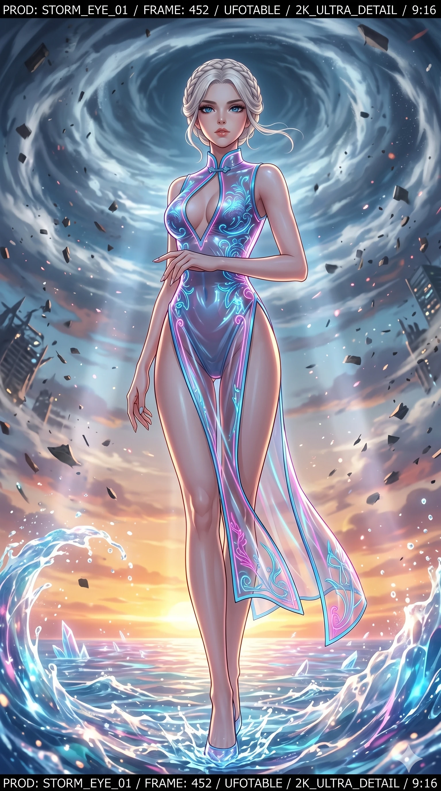score_9, masterpiece, best quality, ultra-detailed, High-budget Anime Keyframe, vibrant colors, fluid line-art, expressive lighting, cinematic composition, Ufotable-style visual effects, top-tier animation quality, Korean woman with idol-like refined features. Dramatic low angle looking up at her majestic stature, dominating the vertical space of the composition. Standing in the eye of a terrifying hurricane with absolute calm, the debris of a destroyed city circling her in a violent vortex. She has an absolutely perfect 8-heads proportion, an exceptionally tall and slender female figure with impossibly long slender legs and an ultra-slim waist, her statuesque height and towering silhouette dominating the vertical 9:16 frame. Her face is a masterpiece featuring a sharp v-shaped jawline, high-bridge nose, intricate jewel-like eyes with depth, thick eyelashes, and glossy lips with a natural sheen. She is wearing a Cyberpunk neon-lit qipao with a dangerous high slit and intricate digital embroidery crafted from Transparent PVC with a high-gloss finish that reveals the intricate layers beneath, stylishly unzipped to reveal a daring glimpse of her chest and a high-cut leg line. The scene is set in a vibrant sunset over a futuristic crystalline ocean with waves made of liquid light, illuminated by volumetric light beams cutting through a hazy atmosphere, creating a sense of depth. 2k, ultra detail, master piece, 9:16 ratio