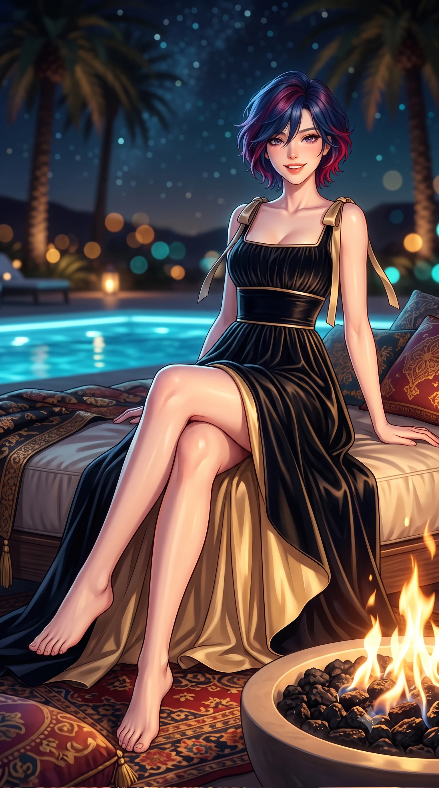 score_9, masterpiece, best quality, ultra-detailed, high-budget anime keyframe, semi-realistic 3D game render, editorial fashion photography, tasteful artistic composition, Korean woman. low angle full-body shot from head to toe showing her feet, filling the entire 9:16 vertical frame with her statuesque presence, stretching her vertical silhouette. lounging on the lavish daybed with legs crossed and hips angled toward the camera, displaying her toned midriff and long slender limbs with effortless siren poise while twisting her slender torso in an alluring contrapposto stance, glowing firelight and pool caustics wrapping around her narrow waist and hips. The background shows a soft-focus dancing gas fire pit flames on black volcanic rocks, towering palm silhouettes, and starry desert night sky blurred into amber, turquoise, and obsidian bokeh. She has an exceptionally tall and slender model-like 8.5-heads proportion, an ultra-slim waist, a flat toned midriff, narrow delicate ribcage, and beautifully sculpted feminine hips creating a graceful, slim hourglass silhouette without any bulky heaviness, with impossibly long slender legs. sharp v-shaped jawline, high-bridge nose, intricate jewel-like sparkling eyes with depth, thick eyelashes, glossy parted lips with a natural peach sheen, bright cheerful beaming smile with an enchanting and coquettish sensual glint, exuding both youthful cute charm and seductive allure, flawlessly proportioned anatomical accuracy, strict slender model proportions, natural body alignment, perfectly sculpted long slender limbs, ultra-slim waistline, clean dynamic posture without body distortion. wearing a classical Habsburg empire-line pleated velvet evening gown with modest square neckline in deep midnight obsidian black and champagne gold, crafted from bespoke double-faced cashmere with an exceptionally soft tactile finish, finished with satin ribbon ties at the shoulders fluttering in the gentle breeze, the bespoke structured tailoring following the natural line of her 8.5-heads silhouette with refined elegance. bathed in the warm radiant 2100K hearth glow of dancing gas flames contrasted with cool desert starlight and pool LEDs. highly saturated vibrant anime colors, detailed shading with soft gradients, rich glossy textures, high-contrast stereoscopic depth, volumetric dynamic lighting, master piece, 9:16 ratio