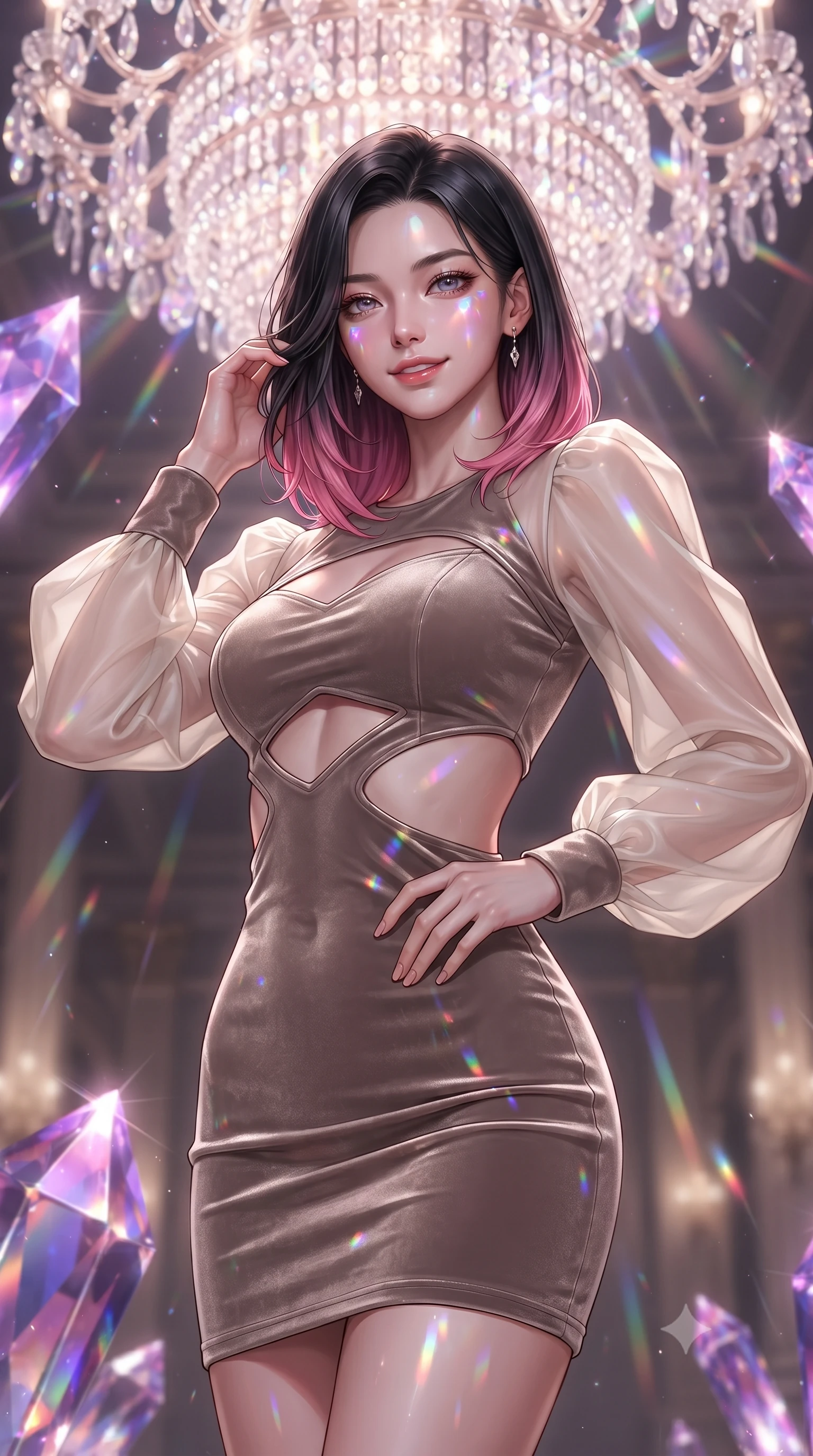 score_9, masterpiece, best quality, ultra-detailed, high-budget anime keyframe, editorial fashion photography, tasteful artistic composition, Korean woman. close-up cowboy shot from the waist and thighs up, the character dominates the composition, filling the frame with her large presence, background elements kept in soft focus. Smiling with quiet, magnetic self-assurance directly into the lens poised beneath a giant crystal chandelier refracting subterranean sunlight, massive violet and magenta crystal facets scattering prismatic light rays. She has an exceptionally elegant, slender, and willowy female figure with an ultra-slim waist, a gracefully sculpted slender torso, and a refined silhouette. sharp v-shaped jawline, high-bridge nose, intricate jewel-like eyes with depth, thick eyelashes, glossy lips with a natural sheen. wearing a sleek bodycon knit dress with sheer organza sleeve panels in muted taupe and soft ivory, made of premium stretch velvet with a rich sheen, featuring clean architectural cutouts along her slender torso, the form-contouring material highlighting her ultra-slim waist and long lines. surrounded by a cool jewel-toned luminescence with bright specular rim lights. ultra-reflective glossy finish, specular highlights, metallic sheen, high-contrast stereoscopic depth, volumetric dynamic lighting, 2k, ultra detail, master piece, 9:16 ratio