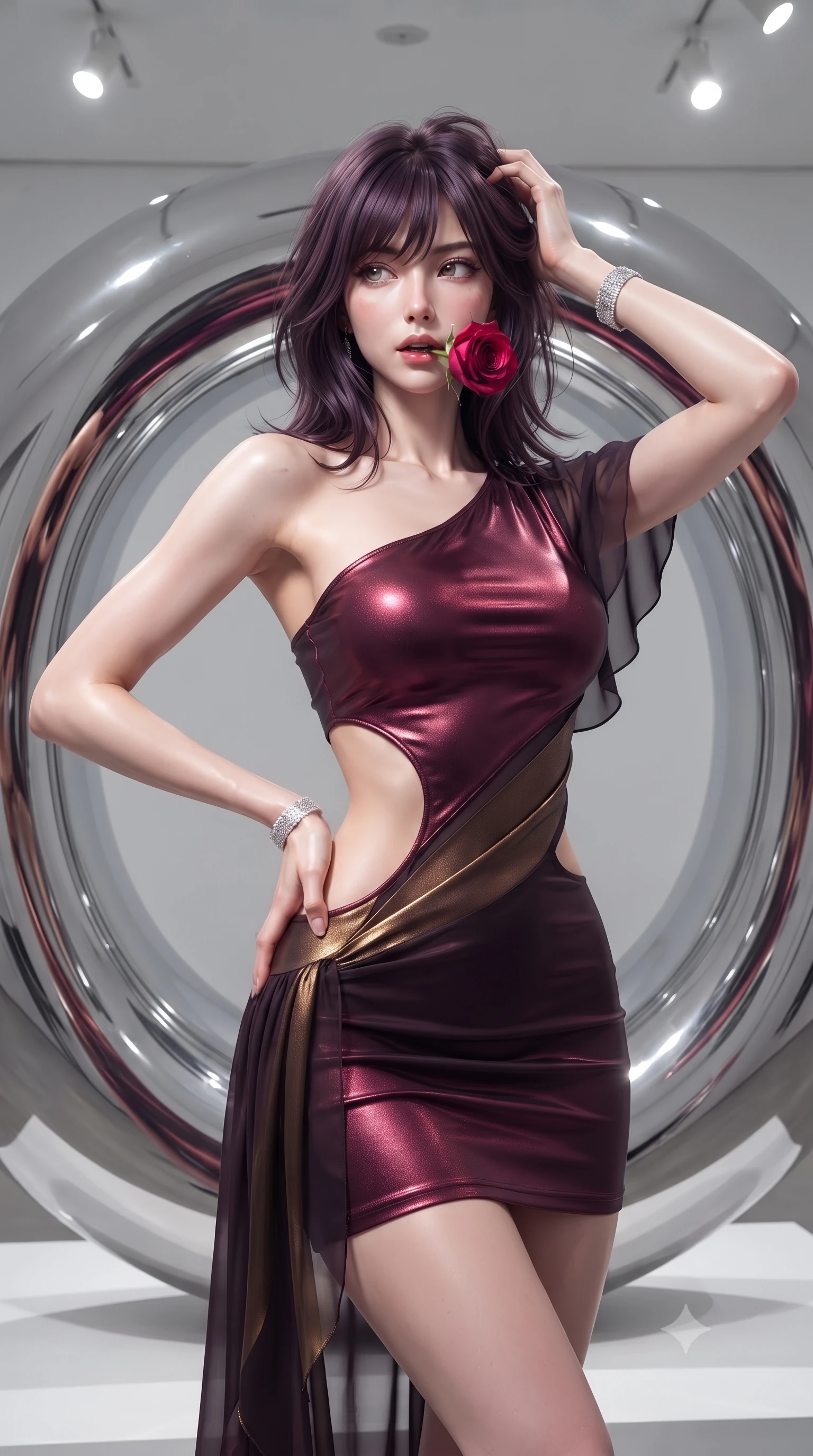 score_9, masterpiece, best quality, ultra-detailed, high-budget anime keyframe, editorial fashion photography, tasteful artistic composition, Japanese woman. close-up cowboy shot from the waist and thighs up, the character dominates the composition, filling the frame with her large presence. twisting her slender torso in an alluring contrapposto stance, one hand resting on her sculpted hip while her fingers toy with her hair with effortless poise while leaning against the mirror-polished chrome torus sculpture while arching her lower back to accentuate her curvy hips, gazing at her reflection. The surrounding environment is rendered in vivid detail and crisp panoramic clarity: detailed liquid metallic lamé dress texture, sparkling bracelet glints, and modern sculpture museum craftsmanship in high resolution. She has an exceptionally elegant, slender, and willowy female figure with an ultra-slim waist, flat toned midriff, narrow ribcage, and sculpted feminine hips creating an alluring, slim hourglass silhouette without bulk. sharp v-shaped jawline, high-bridge nose, sparkling eyes with hypnotic seductive depth, thick curled eyelashes, glossy parted lips with a natural dewy peach sheen, alluring bedroom-eyes with an enchanting coquettish smile, exuding magnetic siren charisma and sophisticated glamour, flawlessly proportioned anatomical accuracy, strict slender model proportions, natural body alignment, perfectly sculpted long slender limbs, ultra-slim waistline, clean dynamic posture without body distortion. wearing an asymmetric one-shoulder metallic bordeaux mini dress with a dramatic side cutout hugging her waist and hips in dark plum violet and gilded bronze with sheer obsidian overlays, made of sheer gossamer chiffon that drapes softly against skin with airy translucence, accented with a single fresh-cut long-stemmed crimson rose held delicately near her parted lips, the liquid-tight tailored fabric clinging flawlessly to her narrow waist and rounded feminine hips, emphasizing every millimeter of her sculpted slim hourglass curves without any bulky heaviness. bathed in high-CRI 4000K museum track spotlights focused precisely on the chrome sculpture and model. ultra-reflective glossy finish, specular highlights, rich textural contrasts, high-contrast stereoscopic depth, volumetric dynamic lighting, 2k, ultra detail, master piece, 9:16 ratio