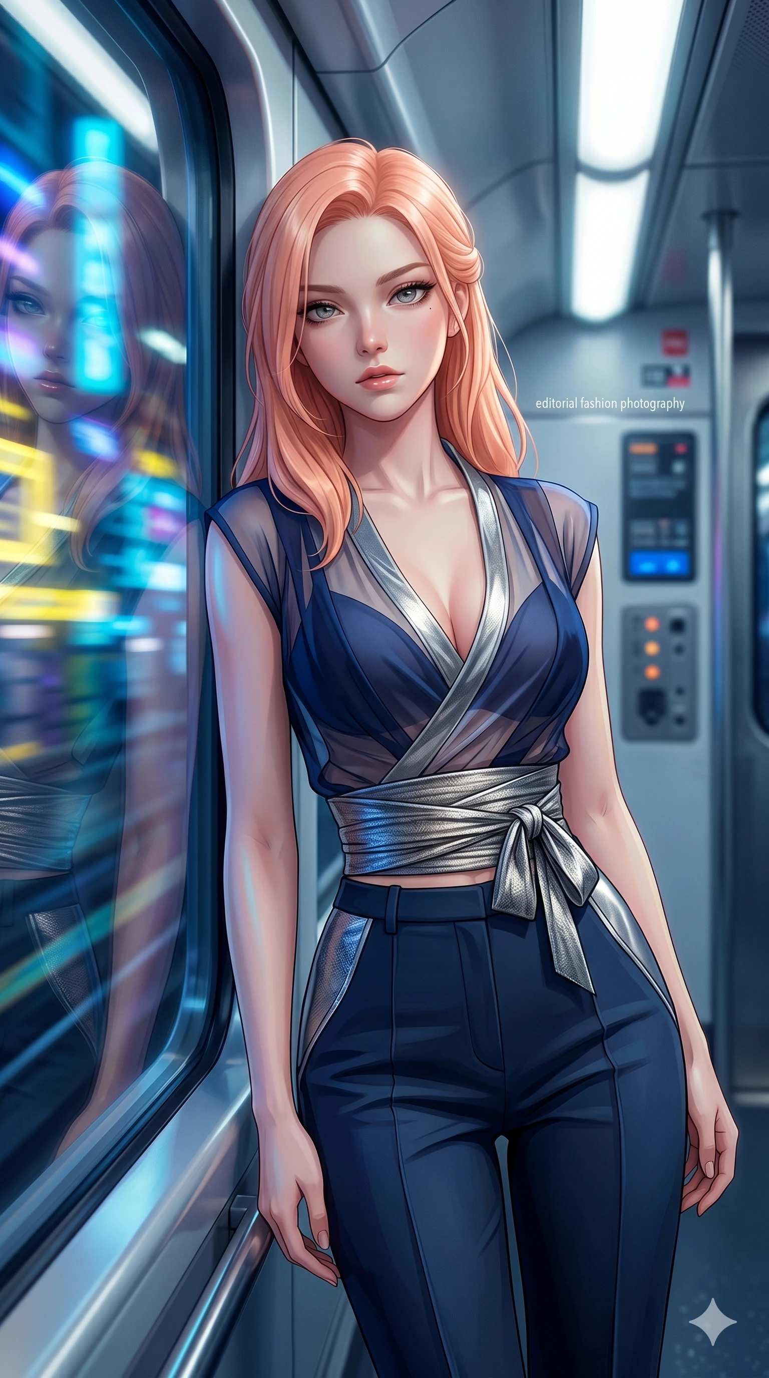 score_9, masterpiece, best quality, ultra-detailed, high-budget anime keyframe, editorial fashion photography, tasteful artistic composition, Japanese woman. Upper body close-up from the thighs up, character filling the screen for maximum presence. She is leaning against a train window in a speeding magnetic train, with city neon lights blurring outside. She turns her face to the camera with a sultry, contemplative expression. She has an absolutely perfect 8-heads proportion, an exceptionally tall and slender female figure with impossibly long slender legs and an ultra-slim waist. V-shaped jawline, high-bridge nose, intricate jewel-like eyes with depth, thick eyelashes, glossy lips with a natural sheen. She is wearing a shortened cyber-fusion wrap top with transparent chiffon panels, a deep crossover neckline, and a high-waisted metallic sash that accentuates her ultra-slim waist. The scene is bathed in passing yellow and blue city lights and a soft glowing interior ceiling light. 2k, ultra detail, master piece, 9:16 ratio