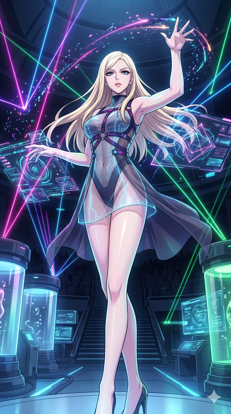 score_9, masterpiece, best quality, ultra-detailed, High-budget Anime Keyframe, vibrant colors, fluid line-art, expressive lighting, cinematic composition, Ufotable-style visual effects, top-tier animation quality, Caucasian woman with pale skin, blonde hair, and (strictly human ears). Cinematic low angle perspective showcasing her towering height and perfect 8-heads proportion. Orchestrating a complex symphony of laser lights and holographic projections in a grand futuristic concert hall. She has an absolutely perfect 8-heads proportion, an exceptionally tall and slender female figure with impossibly long slender legs and an ultra-slim waist, her statuesque height and towering silhouette dominating the vertical 9:16 frame. Her face is a masterpiece featuring a sharp v-shaped jawline, high-bridge nose, intricate jewel-like eyes with depth, thick eyelashes, and glossy lips with a natural sheen. She is wearing a Transparent mini-dress with glowing internal circuits and a high-cut structural leotard crafted from Sheer silk that is almost transparent, flowing like water around her statuesque frame, with an exposed midriff and a complex harness system that draws the eye. The scene is set in a high-tech research laboratory with glowing glass tanks and complex holographic interfaces, illuminated by soft bioluminescent glow from the environment casting ethereal colors on her skin. 2k, ultra detail, master piece, 9:16 ratio