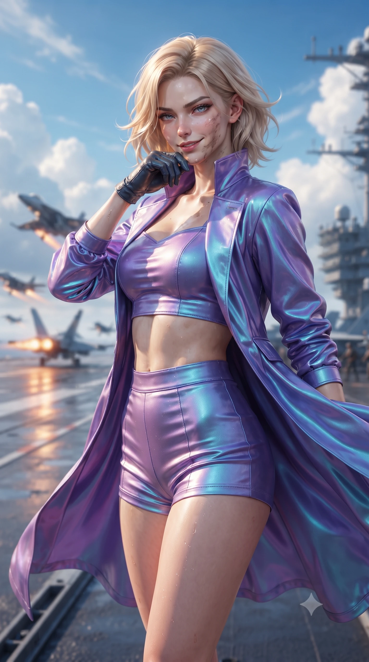 score_9, masterpiece, best quality, ultra-detailed, high-budget anime keyframe, editorial fashion photography, tasteful artistic composition, realistic cosplay photography, Caucasian woman, strictly human ears. close-up cowboy shot from the waist and thighs up, the character dominates the composition, filling the frame with her large presence, background elements kept in soft focus. Defiantly wiping oil and stardust from her jawline with a confident, victorious smirk. set against a soft-focus background of the deck of a massive carrier, fighters taking off in rapid succession into a blue sky filled with clouds. She has an exceptionally elegant and slender, willowy female figure with an ultra-slim waist, a gracefully sculpted slender torso, and a refined slim physique. sharp v-shaped jawline, high-bridge nose, intricate jewel-like eyes with depth, thick eyelashes, glossy lips with a natural sheen. wearing the lightweight fabric rippling and billowing dramatically with her movement, a tailored shifting violet-to-cyan metallic crop top paired with high-waisted micro-shorts and a matching open long jacket. bright daylight with orange exhaust flares casting long warm reflections. ultra-reflective glossy finish, specular highlights, metallic sheen, high-contrast stereoscopic depth, volumetric dynamic lighting, 2k, ultra detail, master piece, 9:16 ratio