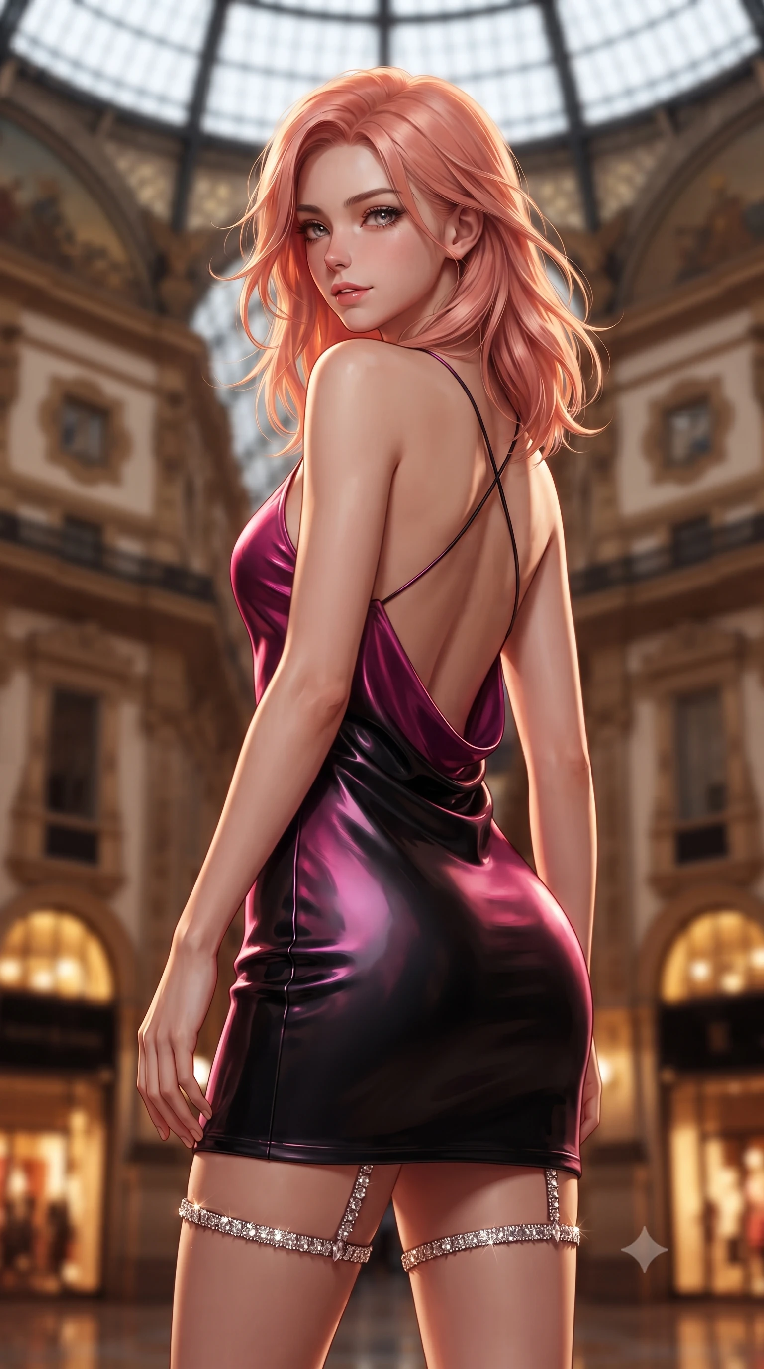 score_9, masterpiece, best quality, ultra-detailed, high-budget anime keyframe, editorial fashion photography, tasteful artistic composition, Japanese woman. close-up cowboy shot from the waist and thighs up, the character dominates the composition, filling the frame with her large presence. turning slowly with an enchanting smoldering smile, her glossy hair tossing in the breeze as her hips angle gracefully in a captivating contrapposto while posing in an alluring rear three-quarter angle with back turned slightly, glancing over her shoulder with an intoxicating cute smile. The background shows a soft-focus illuminated wrought-iron and glass vaulted ceiling, gilded coats-of-arms, and glowing luxury fashion windows blurred into amber, mahogany, and brass bokeh. She has an exceptionally elegant, slender, and willowy female figure with an ultra-slim waist, flat toned midriff, narrow ribcage, and sculpted feminine hips creating an alluring, slim hourglass silhouette without bulk. sharp v-shaped jawline, high-bridge nose, intricate jewel-like sparkling eyes with depth, thick eyelashes, glossy parted lips with a natural peach sheen, bright cheerful beaming smile with an enchanting and coquettish sensual glint, exuding both youthful cute charm and seductive allure, flawlessly proportioned anatomical accuracy, strict slender model proportions, natural body alignment, perfectly sculpted long slender limbs, ultra-slim waistline, clean dynamic posture without body distortion. wearing a backless silk crepe slip dress with a swooping low cowl back reaching her waistline and delicate criss-cross straps in Tokyo neon cyber magenta and glossy obsidian black, woven from buttery-soft stretch lambskin leather adhering to her body like a second skin, finished with delicate crystal-encrusted thigh garter straps glinting in the dim light, the precision-cut side openings and low-back scoop framing her graceful spine and the sensual sweep of her slim, toned hips. bathed in warm 3000K incandescent archway floodlights and glittering luxury storefront vitrine illumination. ultra-reflective glossy finish, specular highlights, rich textural contrasts, high-contrast stereoscopic depth, volumetric dynamic lighting, 2k, ultra detail, master piece, 9:16 ratio