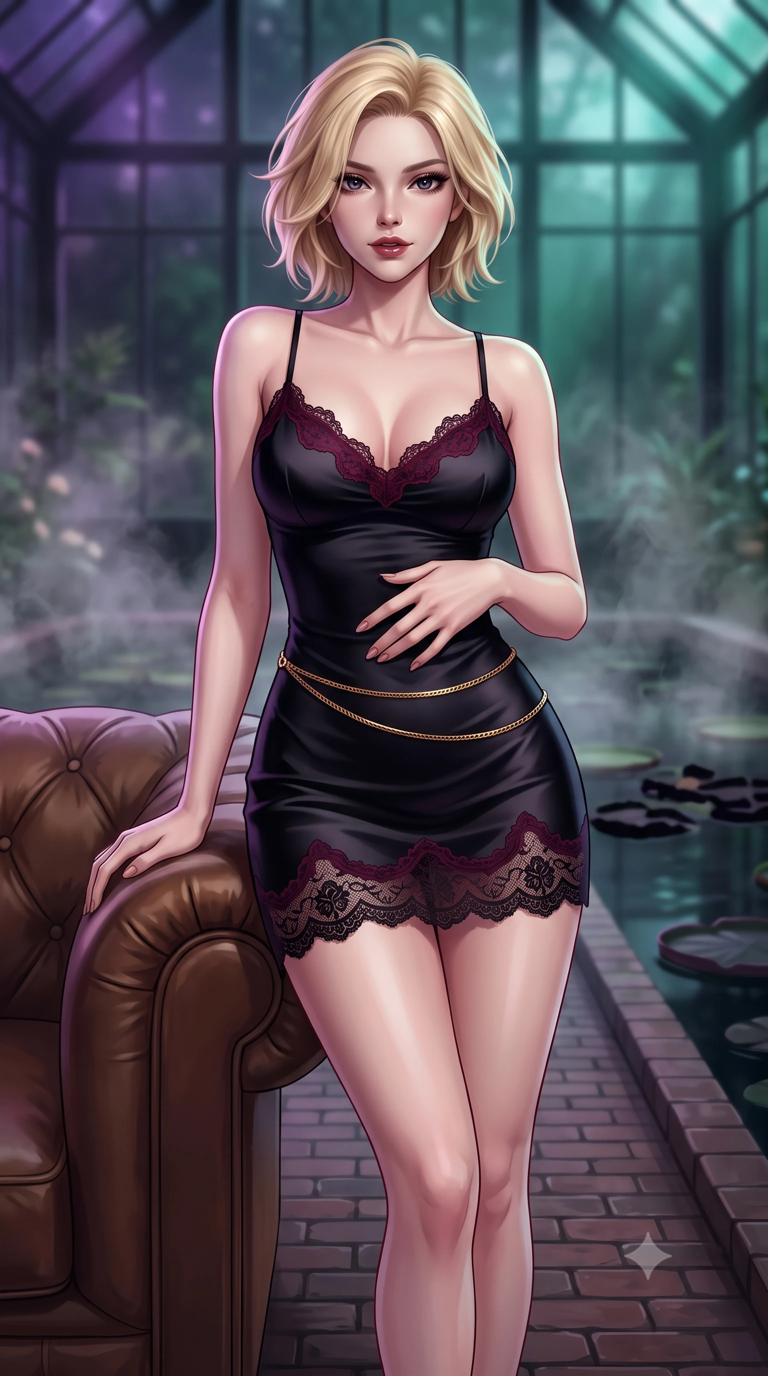 score_9, masterpiece, best quality, ultra-detailed, high-budget anime keyframe, semi-realistic 3D game render, editorial fashion photography, tasteful artistic composition, Caucasian woman. close-up cowboy shot from the waist and thighs up, the character dominates the composition, filling the frame with her large presence. leaning back against the leather lounge with relaxed seductive grace, one hand resting on her flat midriff as her narrow waist and curvy hips command the frame while walking slowly down the glasshouse brick path with sovereign supermodel grace, her long slender legs and hourglass curves commanding the frame. The composition keeps background elements in soft focus with dreamy creamy bokeh. steaming water mist vapors and dark floating lily pads softened in exotic greenhouse shallow focus. She has an exceptionally elegant, slender, and willowy female figure with an ultra-slim waist, flat toned midriff, narrow ribcage, and sculpted feminine hips creating an alluring, slim hourglass silhouette without bulk. sharp v-shaped jawline, high-bridge nose, intricate jewel-like dark sparkling eyes with dangerous depth, thick curled eyelashes, glossy parted lips with a rich wine sheen, smoldering seductive half-smile with bedroom-eyes, exuding effortless superiority and intoxicating dark allure, flawlessly proportioned anatomical accuracy, strict slender model proportions, natural body alignment, perfectly sculpted long slender limbs, ultra-slim waistline, clean dynamic posture without body distortion. wearing a strappy black silk slip dress with delicate lace scallop edging along the neckline and hem in deep wine burgundy and lustrous obsidian, crafted from sheer delicate Chantilly lace with intricate gothic floral motifs, finished with a delicate gold snake chain belt resting loosely across her curvy hips, the form-fitting cut adhering flawlessly to her sculpted flat midriff and slender torso, emphasizing her long leg lines and perfectly proportioned willowy build. bathed in moody ultraviolet and deep emerald ambient backlights filtering through soaring glass panes. highly saturated vibrant anime colors, detailed shading with soft gradients, rich glossy textures, high-contrast stereoscopic depth, volumetric dynamic lighting, master piece, 9:16 ratio
