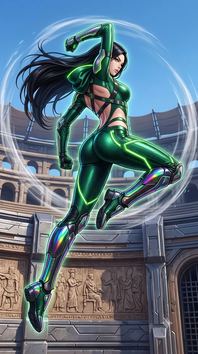 score_9, masterpiece, best quality, ultra-detailed, high-budget anime keyframe, semi-realistic 3D game render, editorial fashion photography, tasteful artistic composition, Korean woman. low angle full-body shot from head to toe showing her feet, fil