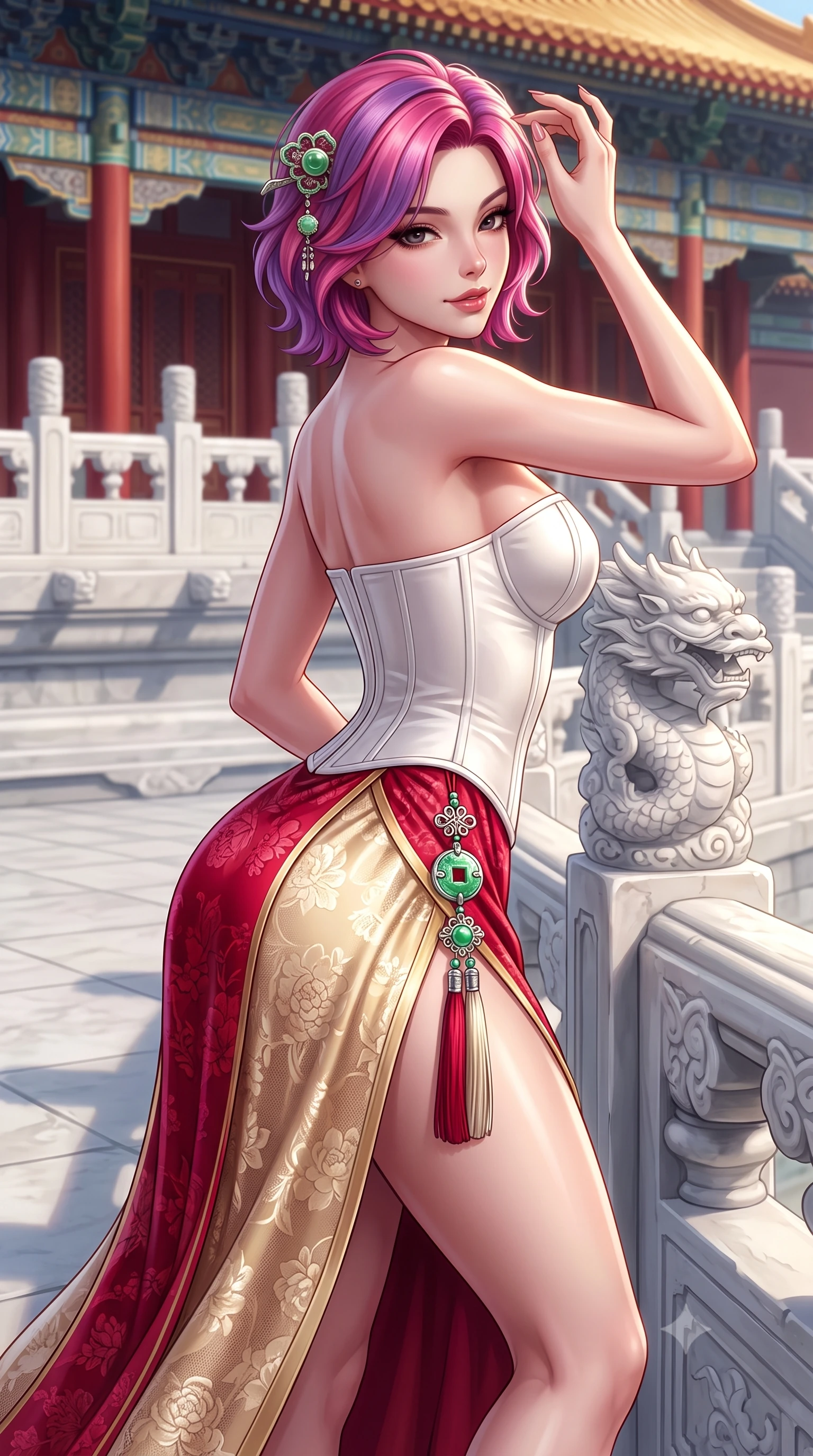 score_9, masterpiece, best quality, ultra-detailed, high-budget anime keyframe, semi-realistic 3D game render, editorial fashion photography, tasteful artistic composition, Caucasian woman. close-up cowboy shot from the waist and thighs up, the character dominates the composition, filling the frame with her large presence. tilting her head with an alluring smile while arching her spine with dancer poise, one hand touching her ornate jade hairpin in a flirtatious S-curve while leaning against a carved white marble dragon balustrade with hips cocked back, looking over a bare shoulder with an intoxicating, imperial gaze. The surrounding environment is rendered in vivid detail and crisp panoramic clarity: detailed gold-threaded silk gown sheen, jewelry gleam, and classical Chinese imperial architecture in high resolution. She has an exceptionally elegant, slender, and willowy female figure with an ultra-slim waist, flat toned midriff, narrow ribcage, and sculpted feminine hips creating an alluring, slim hourglass silhouette without bulk. sharp v-shaped jawline, high-bridge nose, intricate jewel-like dark sparkling almond eyes with depth, thick lashes, glossy parted lips with a natural rose-plum sheen, bright alluring and coquettish smile with bedroom-eyes, exuding both timeless oriental elegance and sovereign high-fashion allure, flawlessly proportioned anatomical accuracy, strict slender model proportions, natural body alignment, perfectly sculpted long slender limbs, ultra-slim waistline, clean dynamic posture without body distortion. wearing a tailored white porcelain-inspired structured corset top paired with an asymmetric flowing silk maxi skirt with a high slit in royal crimson red and lustrous champagne gold, woven from delicate semi-opaque floral lace with oriental peony patterns, finished with an ornate modern norigae tassel with polished jade and chrome charms resting on her curvy hips, the glove-like silhouette tightly following the natural contour of her hips and long slender legs with youthful 8.5-heads elegance. illuminated by white marble ground bounce and sharp imperial-gold rim lighting defining her razor-sharp jawline, narrow waist, and curvy hips. highly saturated vibrant anime colors, detailed shading with soft gradients, rich glossy textures, high-contrast stereoscopic depth, volumetric dynamic lighting, master piece, 9:16 ratio
