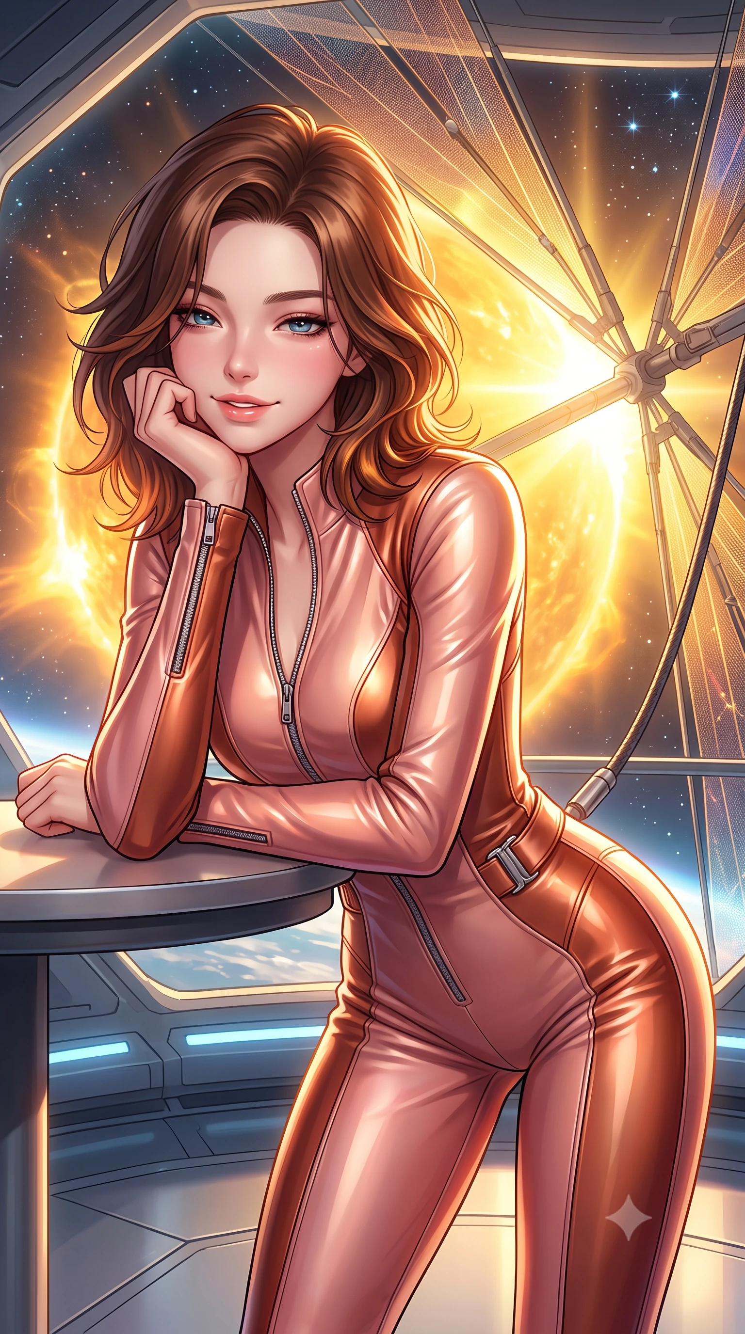 score_9, masterpiece, best quality, ultra-detailed, high-budget anime keyframe, semi-realistic 3D game render, editorial fashion photography, tasteful artistic composition, Korean woman. close-up cowboy shot from the waist and thighs up, the character dominates the composition, filling the frame with her large presence. resting one elbow on the table and supporting her chin, leaning close to the camera with heavy-lidded sparkling eyes and parted lips while leaning against the zero-gravity carbon tether with hips cocked back, watching the blazing golden solar corona flare through polarizing solar sails with smoldering bedroom-eyes. The surrounding environment is rendered in vivid detail and crisp panoramic clarity: sharp ultra-thin nanofiber sail weave textures, carbon-composite spar joints, and razor-sharp celestial starpoints in deep focus. She has an exceptionally elegant, slender, and willowy female figure with an ultra-slim waist, flat toned midriff, narrow ribcage, and sculpted feminine hips creating an alluring, slim hourglass silhouette without bulk. sharp v-shaped jawline, high-bridge nose, intricate jewel-like sparkling eyes with depth, thick eyelashes, glossy parted lips with a natural peach sheen, bright cheerful beaming smile with an enchanting and coquettish sensual glint, exuding both youthful cute charm and seductive allure, flawlessly proportioned anatomical accuracy, strict slender model proportions, natural body alignment, perfectly sculpted long slender limbs, ultra-slim waistline, clean dynamic posture without body distortion. wearing a sculpted tactical lambskin leather catsuit with seamless paneling and silver zipper hardware accentuating her flat midriff and curvy hips in high-gloss rose-gold and burnished copper, crafted from bespoke double-faced cashmere with an exceptionally soft tactile finish, finished with sleek magnetic buckle closures fluttering in the breeze, the glove-like clinging cut tightly following the natural contour of her hips and long slender legs with youthful 8.5-heads elegance. bathed in blinding warm golden solar radiance filtered through prismatic iridescent nano-films. highly saturated vibrant anime colors, detailed shading with soft gradients, rich glossy textures, high-contrast stereoscopic depth, volumetric dynamic lighting, master piece, 9:16 ratio