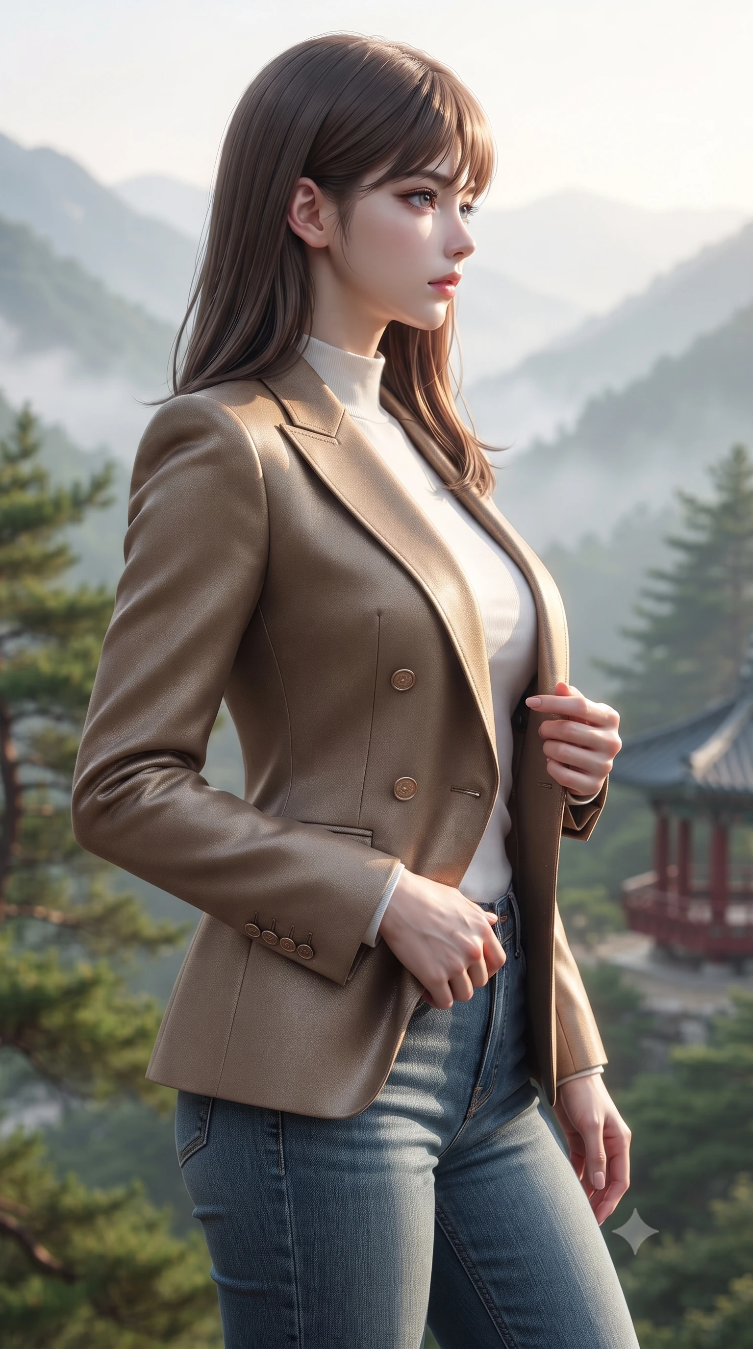 score_9, masterpiece, best quality, ultra-detailed, high-budget anime keyframe, editorial fashion photography, tasteful artistic composition, Korean woman. close-up cowboy shot from the waist and thighs up, the character dominates the composition, filling the frame with her large presence, background elements kept in soft focus. turning her face in sharp profile, casting a cold, mysterious, yet intensely alluring side gaze, the background shows a soft-focus a red lacquered pavilion overlooking a misty mountain valley at sunrise. She has an exceptionally elegant, slender, and willowy female figure with an ultra-slim waist, a gracefully sculpted slender torso, and a refined silhouette. sharp v-shaped jawline, high-bridge nose, intricate jewel-like eyes with depth, thick eyelashes, glossy lips with a natural sheen. wearing a form-contouring tailored double-breasted blazer in sand wool, worn over a white mock-neck tee and denim jeans. bright morning sun highlighting the white fog and green pine trees. ultra-reflective glossy finish, specular highlights, metallic sheen, high-contrast stereoscopic depth, volumetric dynamic lighting, 2k, ultra detail, master piece, 9:16 ratio