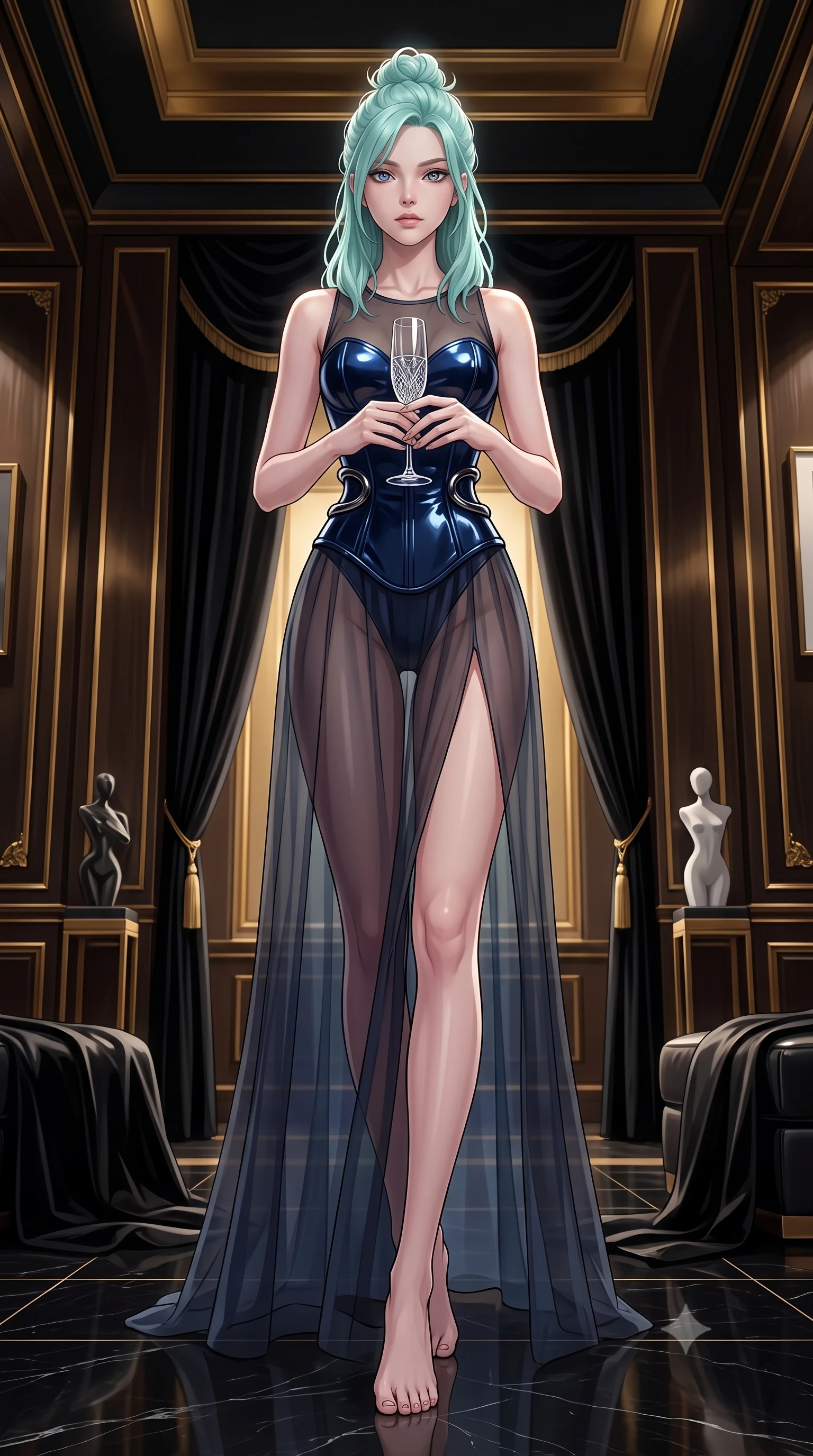 score_9, masterpiece, best quality, ultra-detailed, high-budget anime keyframe, editorial fashion photography, tasteful artistic composition, Japanese woman. low angle full-body shot from head to toe showing her feet, filling the entire 9:16 vertical frame with her statuesque presence, stretching her vertical silhouette. navigating the private sanctuary with an effortless, graceful stride, holding a crystal flute while looking into the camera with quiet self-assurance, high-contrast black velvet and dark leather absorbing ambient darkness. She has an absolutely perfect, statuesque 8.5-heads proportion, an exceptionally tall and slender model-like female figure with impossibly long slender legs and an ultra-slim waist. sharp v-shaped jawline, high-bridge nose, intricate jewel-like eyes with depth, thick eyelashes, glossy lips with a natural sheen. wearing semi-opaque sheer dark chiffon gown revealing structured corset silhouette in midnight navy blue, made of high-gloss liquid vinyl, accented with sculpted obsidian chrome rings at the waist, following her slender form with tailored precision. surrounded by a regal gold and black ambiance with crisp rim lights. highly saturated vibrant anime colors, detailed shading with soft gradients, rich glossy textures, high-contrast stereoscopic depth, volumetric dynamic lighting, master piece, 9:16 ratio