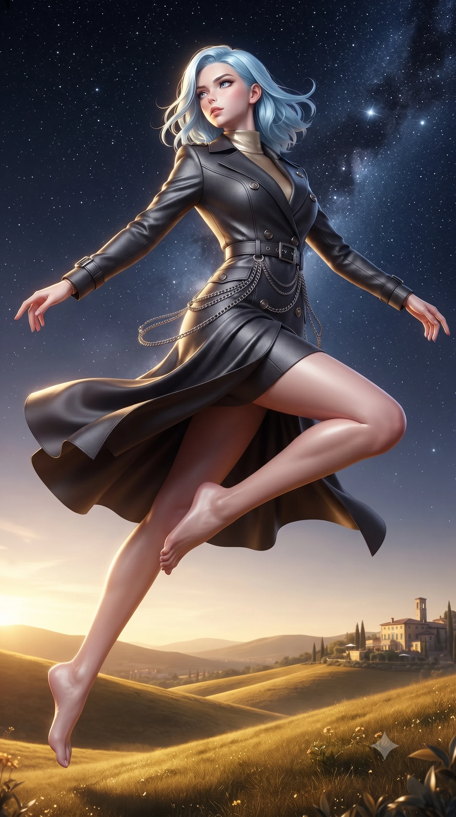 score_9, masterpiece, best quality, ultra-detailed, high-budget anime keyframe, editorial fashion photography, tasteful artistic composition, Korean woman. low angle full-body shot from head to toe showing her feet, filling the entire 9:16 vertical frame with her statuesque presence, stretching her vertical silhouette. leaping dynamically through the starry space, her posture full of power and elegance, looking out over rolling golden hills as evening wind trails move her silk dress, effortless European resort luxury aesthetic. She has an absolutely perfect, statuesque 8.5-heads proportion, an exceptionally tall and slender model-like female figure with impossibly long slender legs and an ultra-slim waist. sharp v-shaped jawline, high-bridge nose, intricate jewel-like eyes with depth, thick eyelashes, glossy lips with a natural sheen. wearing structured charcoal trench dress over sleek turtleneck in champagne gold, made of matte carbon-fiber weave, framed by dark titanium buckles and silver chain details, contouring every curve with an exceptionally elegant silhouette. surrounded by a radiant sunset ambiance with bright golden rim lights. ultra-reflective glossy finish, specular highlights, metallic sheen, high-contrast stereoscopic depth, volumetric dynamic lighting, 2k, ultra detail, master piece, 9:16 ratio