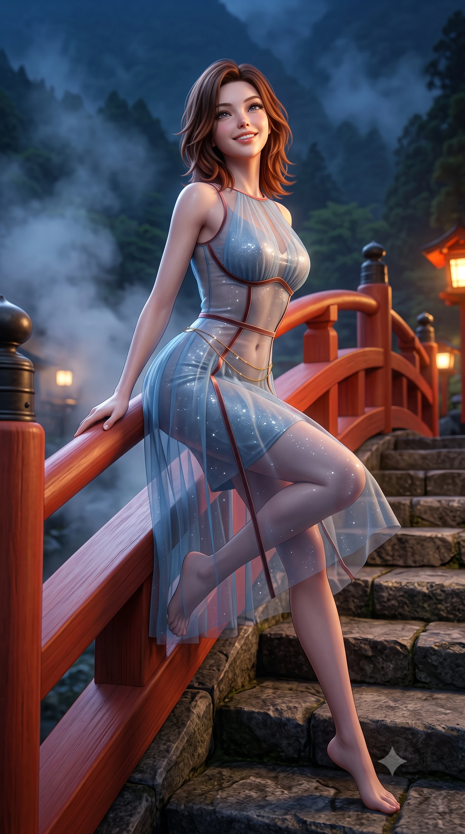 score_9, masterpiece, best quality, ultra-detailed, high-budget anime keyframe, semi-realistic 3D game render, editorial fashion photography, tasteful artistic composition, Korean woman. low angle full-body shot from head to toe showing her feet, filling the entire 9:16 vertical frame with her statuesque presence, stretching her vertical silhouette. sitting poised on the stone steps with one knee bent, arching her spine with supermodel elegance as she glances upward through thick eyelashes while leaning against the smooth unlacquered cedar balustrade of the red arched bridge with hips cocked back, casting an intoxicating smoldering bedroom-gaze. The background shows a soft-focus drifting sulfur steam clouds softened in mystical Hakone mountain sanctuary shallow focus. She has an exceptionally tall and slender model-like 8.5-heads proportion, an ultra-slim waist, a flat toned midriff, narrow delicate ribcage, and beautifully sculpted feminine hips creating a graceful, slim hourglass silhouette without any bulky heaviness, with impossibly long slender legs. sharp v-shaped jawline, high-bridge nose, intricate jewel-like sparkling eyes with depth, thick eyelashes, glossy parted lips with a natural peach sheen, bright cheerful beaming smile with an enchanting and coquettish sensual glint, exuding both youthful cute charm and seductive allure, flawlessly proportioned anatomical accuracy, strict slender model proportions, natural body alignment, perfectly sculpted long slender limbs, ultra-slim waistline, clean dynamic posture without body distortion. wearing a provocative semi-sheer icy blue tulle cocktail dress with velvet ribbon piping contouring her narrow waist and hips in sultry copper rose and deep shadow charcoal, woven from stretch metallic lurex jersey casting radiant starlight glints across her curves, accented with a dainty gold belly chain resting across her flat midriff and curving hips, the second-skin tailored fabric adhering flawlessly to her sculpted flat midriff and slender torso, emphasizing her long leg lines and perfectly proportioned willowy build. bathed in the romantic vermilion-and-gold 2300K lantern glows contrasted with cool deep-blue mountain mist. highly saturated vibrant anime colors, detailed shading with soft gradients, rich glossy textures, high-contrast stereoscopic depth, volumetric dynamic lighting, master piece, 9:16 ratio