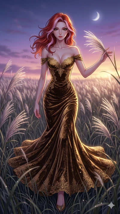 score_9, masterpiece, best quality, ultra-detailed, High-budget Anime Keyframe, East Asian woman. Dynamic full-body shot stretching the vertical silhouette to the limit. Scenario 28: Walking through a field of tall silver grass at twilight. Her prese