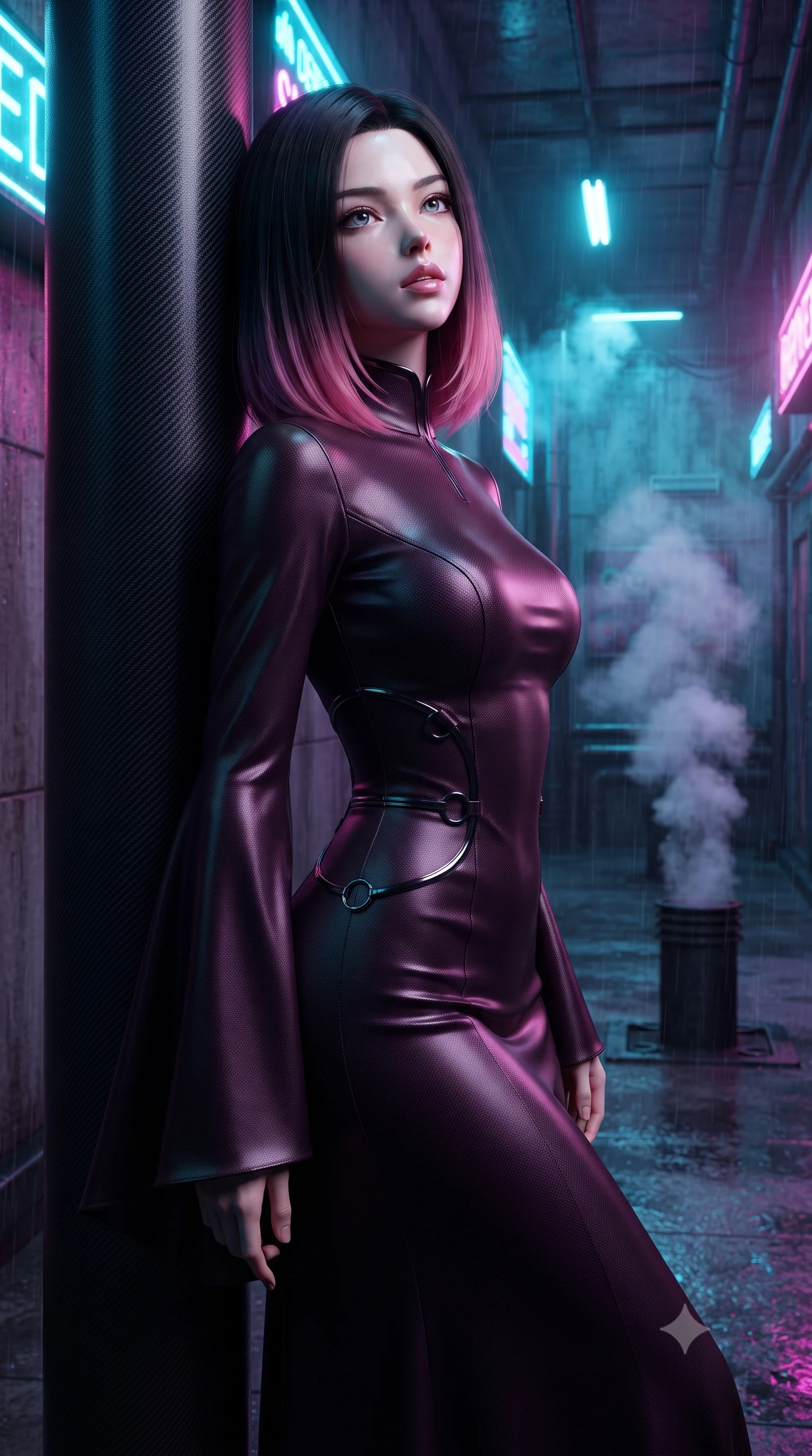 score_9, masterpiece, best quality, ultra-detailed, high-budget anime keyframe, editorial fashion photography, tasteful artistic composition, Korean woman. close-up cowboy shot from the waist and thighs up, the character dominates the composition, filling the frame with her large presence, background elements kept in soft focus. Tilting her chin up slightly with lips parted in a composed, mysterious expression, resting against a dark carbon-fiber pillar in a rain-soaked industrial corridor, thick steam rising from dark street vents into the cool night air. She has an exceptionally elegant, slender, and willowy female figure with an ultra-slim waist, a gracefully sculpted slender torso, and a refined silhouette. sharp v-shaped jawline, high-bridge nose, intricate jewel-like eyes with depth, thick eyelashes, glossy lips with a natural sheen. wearing gothic high-collar dark plum silk evening gown with long bell sleeves in dark charcoal gray, made of matte carbon-fiber weave, trimmed with dark chrome ring hardware along the waist contours, contouring every curve with an exceptionally elegant silhouette. drenched in dramatic wet specular lighting from intense neon signs. ultra-reflective glossy finish, specular highlights, metallic sheen, high-contrast stereoscopic depth, volumetric dynamic lighting, 2k, ultra detail, master piece, 9:16 ratio