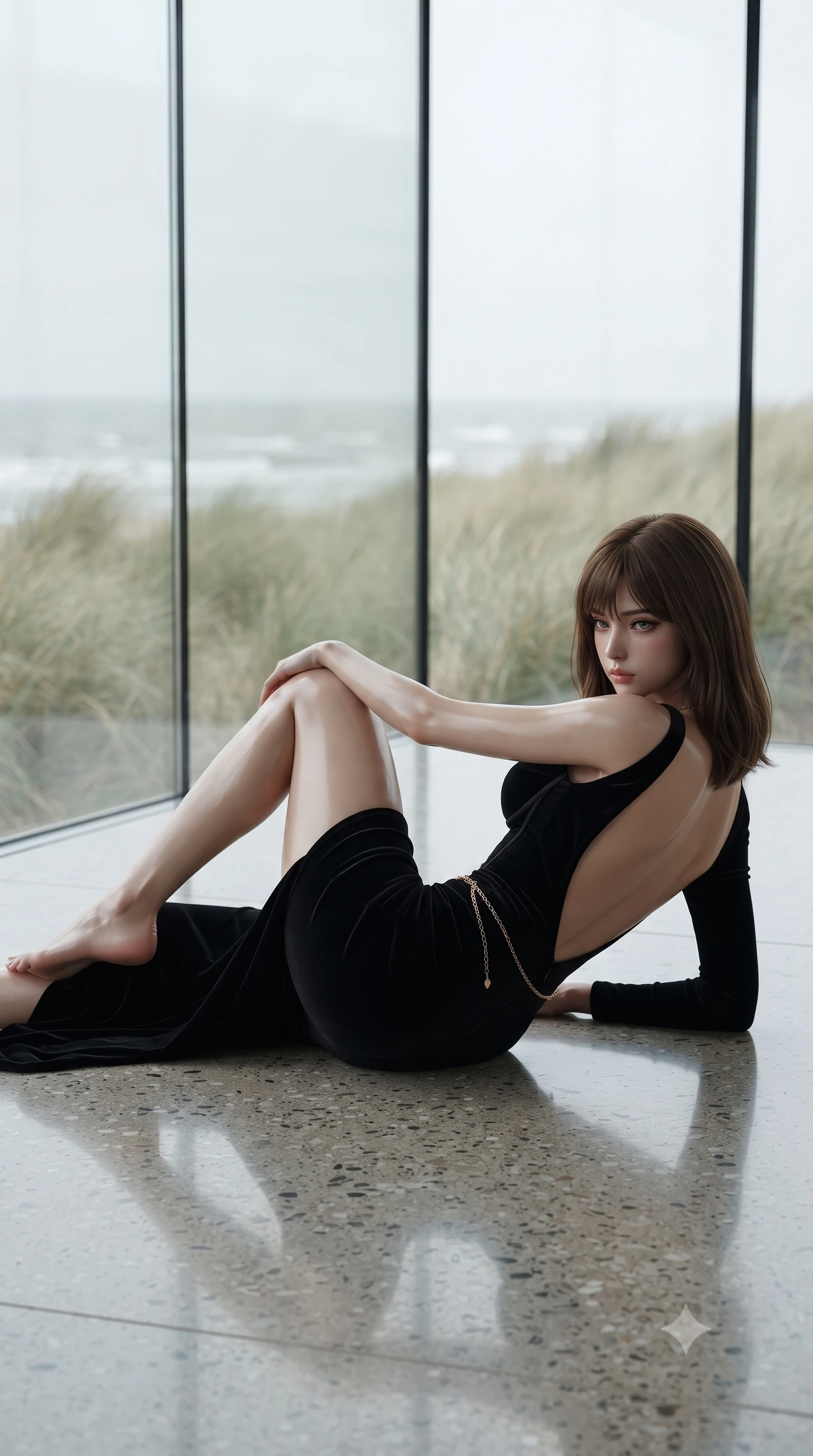 score_9, masterpiece, best quality, ultra-detailed, high-budget anime keyframe, editorial fashion photography, tasteful artistic composition, Korean woman. low angle full-body shot from head to toe showing her feet, filling the entire 9:16 vertical frame with her statuesque presence, stretching her vertical silhouette. reclining on her side in an elegant Cleopatra pose with one knee drawn up, the dramatic contour of her rounded hips and long slender legs commanding the 9:16 vertical frame while striding down the polished terrazzo gallery floor, her sleek aerodynamic outfit clinging to her narrow waist and long legs. The composition keeps background elements in soft focus with creamy bokeh. wild coastal marram grass dunes and grey Baltic sea waves blurred into pale sand, sage, and misty slate bokeh through floor-to-ceiling glass. She has an exceptionally tall and slender model-like 8.5-heads proportion, an ultra-slim waist, a flat toned midriff, narrow delicate ribcage, and beautifully sculpted feminine hips creating a graceful, slim hourglass silhouette without any bulky heaviness, with impossibly long slender legs. sharp v-shaped jawline, high-bridge nose, intricate jewel-like eyes with depth, thick eyelashes, glossy parted lips with a natural sheen, intensely captivating and seductive bedroom-eyes expression, flawlessly proportioned anatomical accuracy, strict slender model proportions, natural body alignment, perfectly sculpted long slender limbs, ultra-slim waistline, clean dynamic posture without body distortion. wearing a liquid-silk jersey evening gown with an ultra-deep plunging open back descending to the base of her spine and a sculpted hip-hugging skirt in pitch-black velvet with diamond crystal trim, made of fluid silk crepe with delicate inner corsetry boning, accented with a delicate gold chain belt resting loosely on her curvy hips, the form-contouring material adhering flawlessly to her sculpted flat midriff and slender torso, emphasizing her long leg lines and perfectly proportioned willowy build. bathed in pure, diffused Scandinavian overcast daylight filtering through monumental glass walls. ultra-reflective glossy finish, specular highlights, rich textural contrasts, high-contrast stereoscopic depth, volumetric dynamic lighting, 2k, ultra detail, master piece, 9:16 ratio