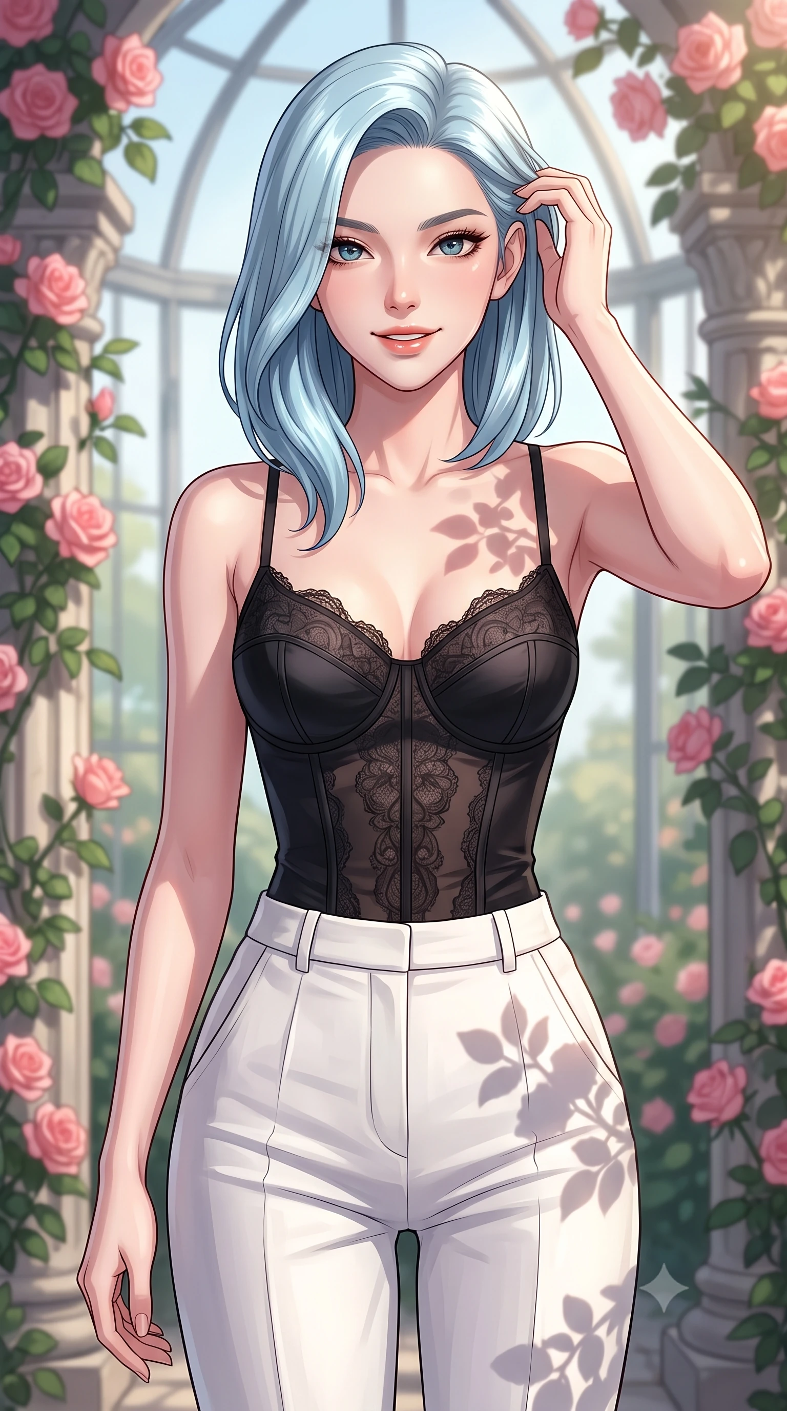 score_9, masterpiece, best quality, ultra-detailed, high-budget anime keyframe, tasteful artistic composition, Korean woman. close-up cowboy shot from the waist and thighs up, the character dominates the composition, filling the frame with her large presence, background elements kept in soft focus. smiling with quiet, magnetic self-assurance directly into the camera, running a hand through her hair the background shows a soft-focus a secluded rose garden glasshouse with climbing pink roses and stone pillars. She has an exceptionally elegant, slender, and willowy female figure with an ultra-slim waist, a gracefully sculpted slender torso, and a refined silhouette. sharp v-shaped jawline, high-bridge nose, intricate jewel-like eyes with depth, thick eyelashes, glossy lips with a natural sheen. wearing a slim-fit delicate lace corset top in black silk, paired with high-waisted white linen trousers. soft morning sunrays casting elegant shadows of the roses and leaves. highly saturated vibrant anime colors, cel-shading, 2d style, master piece, 9:16 ratio