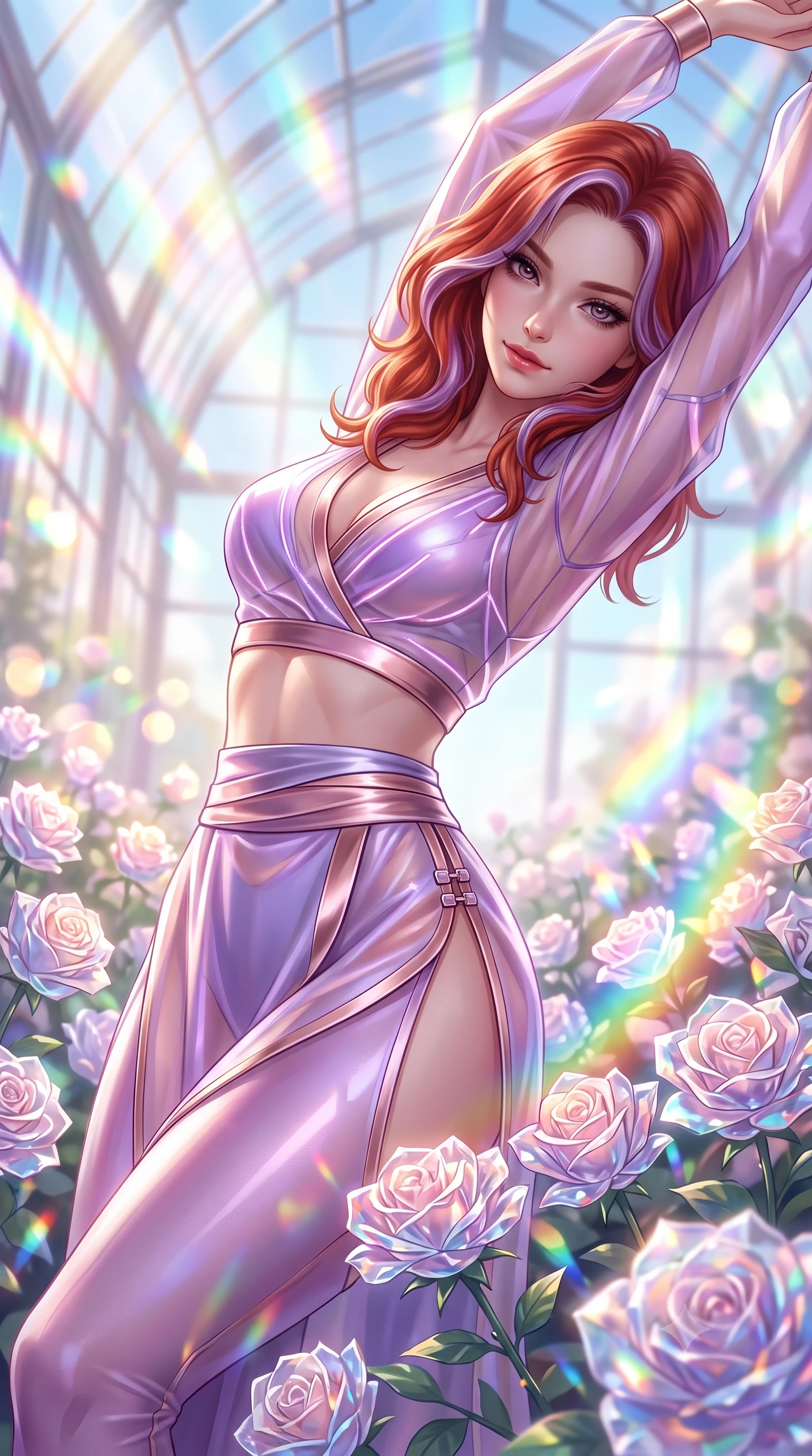 score_9, masterpiece, best quality, ultra-detailed, high-budget anime keyframe, semi-realistic 3D game render, editorial fashion photography, tasteful artistic composition, Caucasian woman. close-up cowboy shot from the waist and thighs up, the character dominates the composition, filling the frame with her large presence. stretching forward with an alluring arch of her spine, glancing over her shoulder with thick eyelashes and a smoldering half-smile while reclining gracefully amidst blooming crystal glass roses in a soaring glass greenhouse as morning sunbeams create rainbow prisms. The composition keeps background elements in soft focus with creamy bokeh. blooming crystal roses and rainbow spectrum light beams blurred into dazzling, radiant pastel bokeh. She has an exceptionally elegant, slender, and willowy female figure with an ultra-slim waist, a gracefully sculpted slender torso, toned flat midriff, and a refined slim silhouette. sharp v-shaped jawline, high-bridge nose, intricate jewel-like eyes with depth, thick eyelashes, glossy lips with a natural sheen, flawlessly proportioned anatomical accuracy, strict slender model proportions, natural body alignment, perfectly sculpted long slender limbs, ultra-slim waistline, clean dynamic posture without body distortion. wearing a shortened cyber-fusion wrap top with transparent chiffon panels, a deep crossover neckline, and a high-waisted metallic sash that accentuates her ultra-slim waist in luminous lavender violet and rose gold, tailored from semi-translucent cybernetic vinyl with glowing micro-filaments, finished with an ultra-high side slit secured by miniature magnetic clasps, the form-contouring material adhering flawlessly to her sculpted flat midriff and slender torso, emphasizing her long leg lines and perfectly proportioned willowy build. bathed in brilliant morning sunlight intersected by saturated rainbow crystal prism refractions. highly saturated vibrant anime colors, detailed shading with soft gradients, rich glossy textures, high-contrast stereoscopic depth, volumetric dynamic lighting, master piece, 9:16 ratio