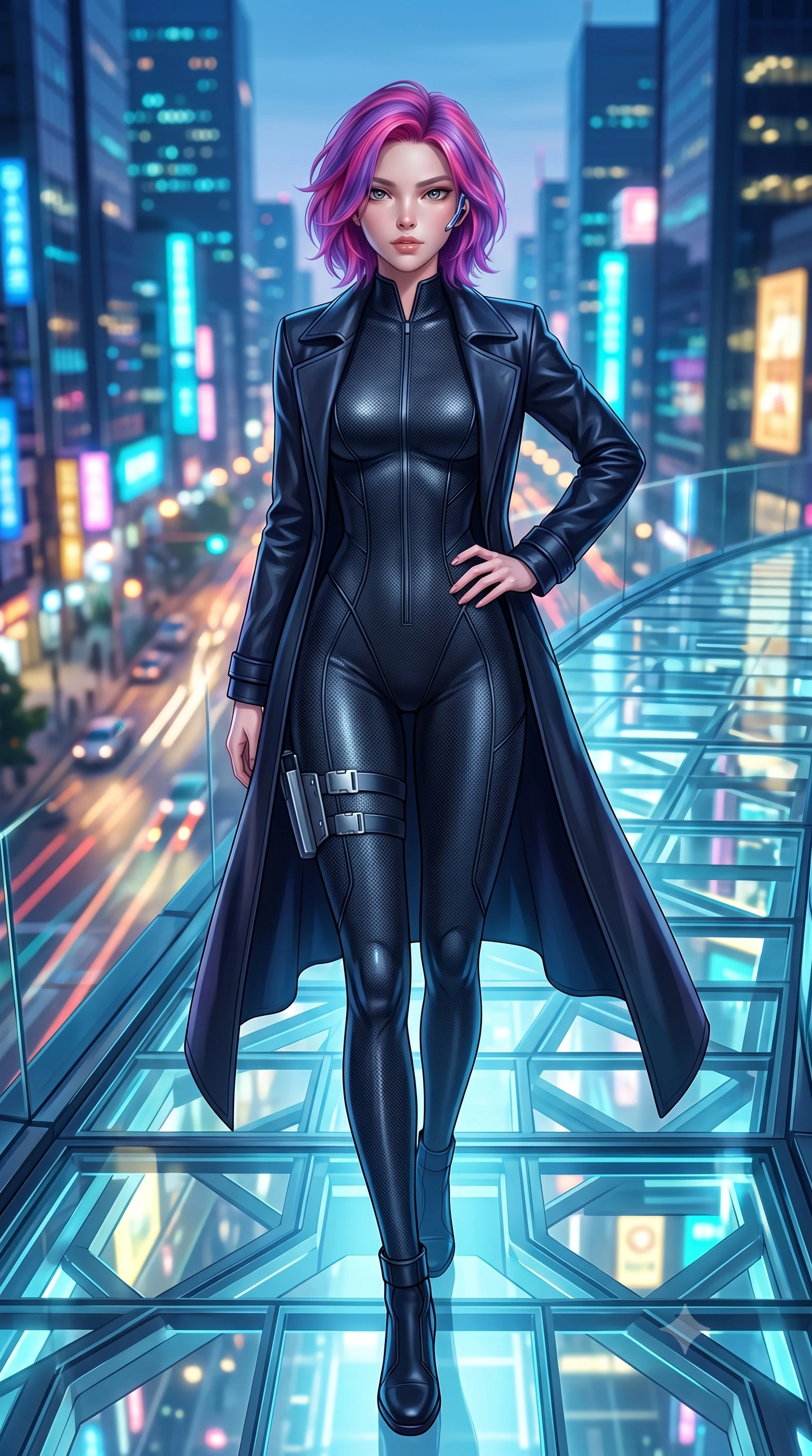 score_9, masterpiece, best quality, ultra-detailed, high-budget anime keyframe, semi-realistic 3D game render, editorial fashion photography, tasteful artistic composition, Caucasian woman. low angle full-body shot from head to toe showing her feet, filling the entire 9:16 vertical frame with her statuesque presence, stretching her vertical silhouette. standing poised with one hip cocked in an alluring high-fashion pose, her tall 8.5-heads proportions dominating the scene while striding across the luminous glass walkway with silent tactical footsteps and authoritative commander presence. The composition keeps background elements in soft focus with creamy bokeh. dizzying vertical cityscape traffic light trails and neon skyscrapers far below blurred into sapphire, cyan, and gold bokeh. She has an absolutely perfect, statuesque 8.5-heads proportion, an exceptionally tall and slender model-like female figure with impossibly long slender legs, a toned flat midriff, and an ultra-slim waist. sharp v-shaped jawline, high-bridge nose, intricate jewel-like eyes with depth, thick eyelashes, glossy lips with a natural sheen, captivating and magnetic expression, flawlessly proportioned anatomical accuracy, strict slender model proportions, natural body alignment, perfectly sculpted long slender limbs, ultra-slim waistline, clean dynamic posture without body distortion. wearing a sleek second-skin dark carbon-weave infiltration catsuit paired with a tailored long leather trench coat in stealth obsidian black and midnight navy, crafted from flexible ballistic matte leather and ultra-sleek stretch neoprene, equipped with a minimalist titanium leg holster and smart holographic earpiece edition #23, the glove-like aerodynamic second-skin fit tightly clinging to her ultra-slender waist and athletic curves without adding bulk, accentuating her razor-sharp statuesque lines and slim hourglass silhouette. surrounded by a mastermind, elite, and dangerously seductive intelligence director aura. highly saturated vibrant anime colors, detailed shading with soft gradients, rich glossy textures, high-contrast stereoscopic depth, volumetric dynamic lighting, master piece, 9:16 ratio