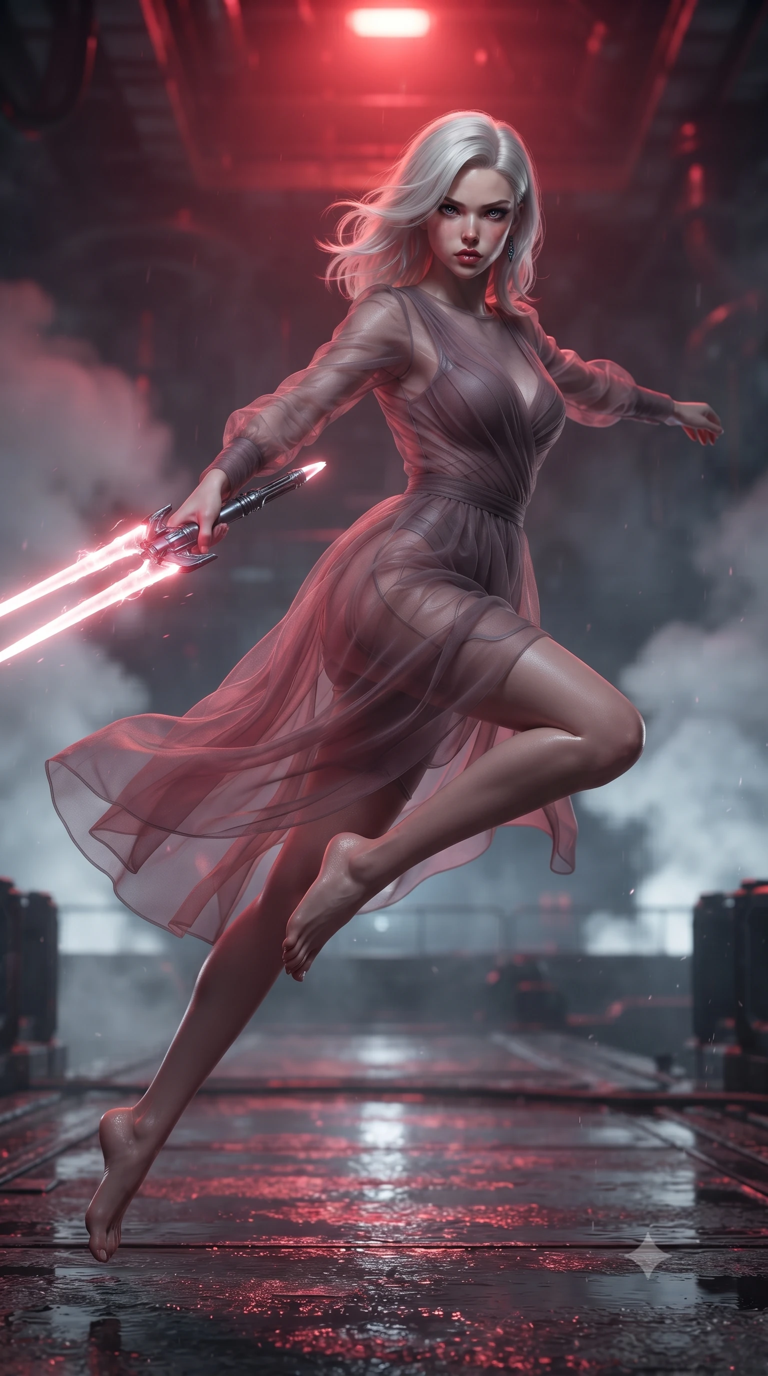 score_9, masterpiece, best quality, ultra-detailed, high-budget anime keyframe, editorial fashion photography, tasteful artistic composition, Caucasian woman. low angle full-body shot from head to toe showing her feet, filling the entire 9:16 vertical frame with her statuesque presence, stretching her vertical silhouette. leaping forward while slashing with a twin-bladed plasma sword in mid-air, her body-contouring suit showing her athletic silhouette, the background shows a soft-focus a wet maintenance dock inside an undersea volcano crater with steam vents. She has an absolutely perfect, statuesque 8.5-heads proportion, an exceptionally tall and slender model-like female figure with impossibly long slender legs and an ultra-slim waist. sharp v-shaped jawline, high-bridge nose, intricate jewel-like eyes with depth, thick eyelashes, glossy lips with a natural sheen. wearing a slim-fit sheer organza dress in dusty mauve, showing her slender torso and willowy silhouette. underground steam vents catching a pulsing crimson warning beacon light from above. ultra-reflective glossy finish, specular highlights, metallic sheen, high-contrast stereoscopic depth, volumetric dynamic lighting, 2k, ultra detail, master piece, 9:16 ratio