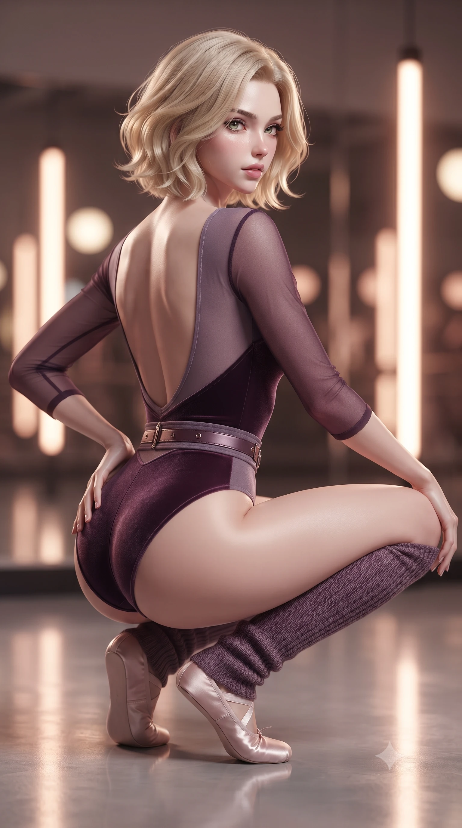 score_9, masterpiece, best quality, ultra-detailed, high-budget anime keyframe, editorial fashion photography, tasteful artistic composition, Caucasian woman. close-up cowboy shot from the waist and thighs up, the character dominates the composition, filling the frame with her large presence. resting one manicured hand delicately on her hip bone, her upper body turning in a fluid, seductive S-curve while parted lips glisten in the light while crouching in a low, balanced dancer plié on the reflective floor, her athletic feminine curves and toned hips creating a breathtaking line. The composition keeps background elements in soft focus with creamy bokeh. infinite studio mirror reflections and warm vertical light tubes blurred into glowing amber, rose-gold, and ivory bokeh. She has an exceptionally elegant, slender, and willowy female figure with an ultra-slim waist, a gracefully sculpted slender torso, toned flat midriff, and rounded feminine hips creating an alluring hourglass silhouette. sharp v-shaped jawline, high-bridge nose, intricate jewel-like eyes with depth, thick eyelashes, glossy parted lips with a natural sheen, intensely captivating and seductive bedroom-eyes expression, flawlessly proportioned anatomical accuracy, strict slender model proportions, natural body alignment, perfectly sculpted long slender limbs, ultra-slim waistline, clean dynamic posture without body distortion. wearing a layered dance bodysuit with sheer mesh sleeves and form-fitting hip-cinching belt in deep plum violet and dusky lavender, made of flexible stretch velvet with rich specular luster, accessorized with knitted leg warmers and delicate satin ballet slippers, the dramatically scooped open back descending to the base of her spine, accentuating her razor-sharp statuesque lines and curvy hourglass silhouette. illuminated by crisp specular rim lights accentuating her narrow waist, curved hips, and long legs. ultra-reflective glossy finish, specular highlights, rich textural contrasts, high-contrast stereoscopic depth, volumetric dynamic lighting, 2k, ultra detail, master piece, 9:16 ratio