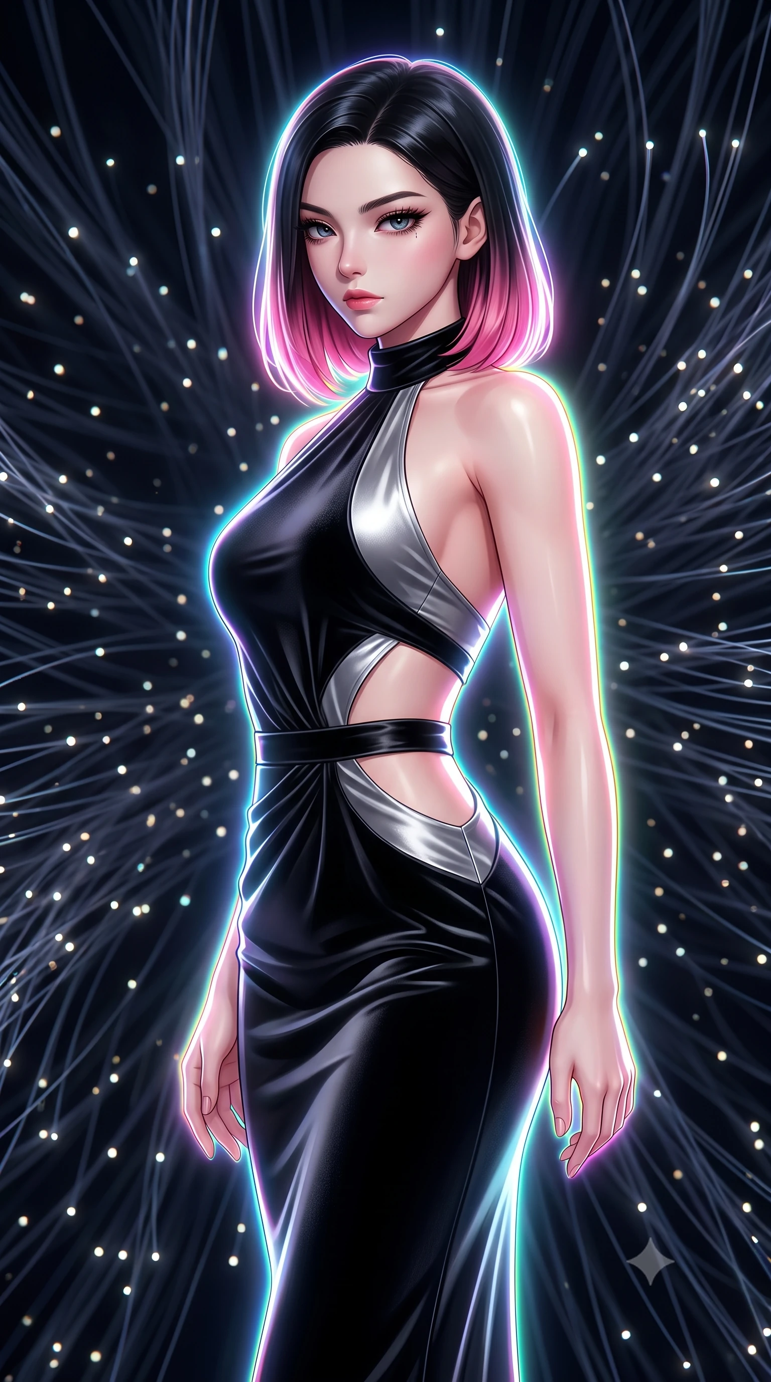 score_9, masterpiece, best quality, ultra-detailed, high-budget anime keyframe, editorial fashion photography, tasteful artistic composition, Korean woman. close-up cowboy shot from the waist and thighs up, the character dominates the composition, filling the frame with her large presence, background elements kept in soft focus. Pivoting sharply while looking back over her shoulder with heavy lashes and a confident, intense gaze while pivoting her torso in an S-curve alignment inside a 3D fiber-optic loom void, glowing fiber optic motes drifting like fireflies in the dark background. She has an exceptionally elegant, slender, and willowy female figure with an ultra-slim waist, a gracefully sculpted slender torso, and a refined silhouette. sharp v-shaped jawline, high-bridge nose, intricate jewel-like eyes with depth, thick eyelashes, glossy lips with a natural sheen, flawlessly proportioned anatomical accuracy, natural body alignment, perfectly sculpted elegant limbs, clean dynamic posture without body distortion. wearing a velvet halter-neck midi dress following her form like a glove in matte black and polished silver, crafted from lustrous satin jersey with fluid draping, featuring clean architectural cutouts along her slender torso, the form-contouring material highlighting her ultra-slim waist and long lines. surrounded by a vibrant fluorescent aura with bright specular rim lights. highly saturated vibrant anime colors, detailed shading with soft gradients, rich glossy textures, high-contrast stereoscopic depth, volumetric dynamic lighting, master piece, 9:16 ratio