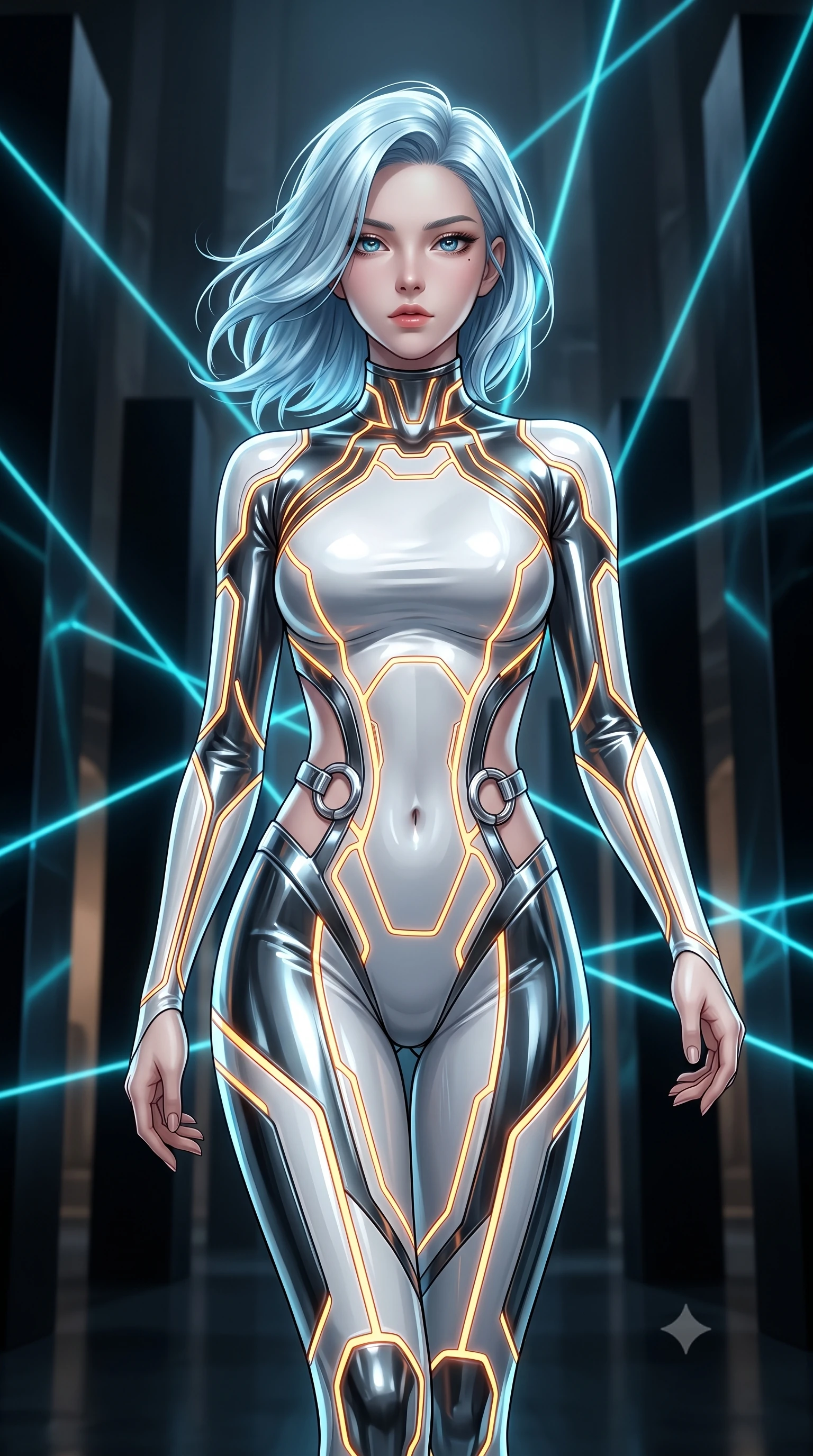 score_9, masterpiece, best quality, ultra-detailed, high-budget anime keyframe, editorial fashion photography, tasteful artistic composition, Korean woman. close-up cowboy shot from the waist and thighs up, the character dominates the composition, filling the frame with her large presence. gazing forward with divine sovereign poise, captivating jewel-like eyes shining with transcendent luminescence and alluring grace while striding commanding through a minimalist hall of towering black obsidian monoliths intersected by razor-sharp cyan laser beams. The composition keeps background elements in soft focus with creamy bokeh. towering obsidian monoliths and dark architectural recesses softened in moody shallow focus. She has an exceptionally elegant, slender, and willowy female figure with an ultra-slim waist, a gracefully sculpted slender torso, toned flat midriff, and a refined slim silhouette. sharp v-shaped jawline, high-bridge nose, intricate jewel-like eyes with depth, thick eyelashes, glossy lips with a natural sheen, flawlessly proportioned anatomical accuracy, strict slender model proportions, natural body alignment, perfectly sculpted long slender limbs, ultra-slim waistline, clean dynamic posture without body distortion. wearing an aerodynamic sculpted liquid-chrome bodysuit with glowing neon fiber-optic circuitry and an elegant high-fashion cut in high-contrast monochrome white enamel and glowing amber lines, made of liquid jersey fabric that clings flawlessly to every contour of her build, detailed with polished silver rings connecting the daring side-waist cutouts, the form-contouring material adhering flawlessly to her sculpted flat midriff and slender torso, emphasizing her long leg lines and perfectly proportioned willowy build. illuminated by crisp directional key light with sharp specular highlights tracing her slender curves. ultra-reflective glossy finish, specular highlights, dark metallic sheen, high-contrast stereoscopic depth, volumetric dynamic lighting, 2k, ultra detail, master piece, 9:16 ratio