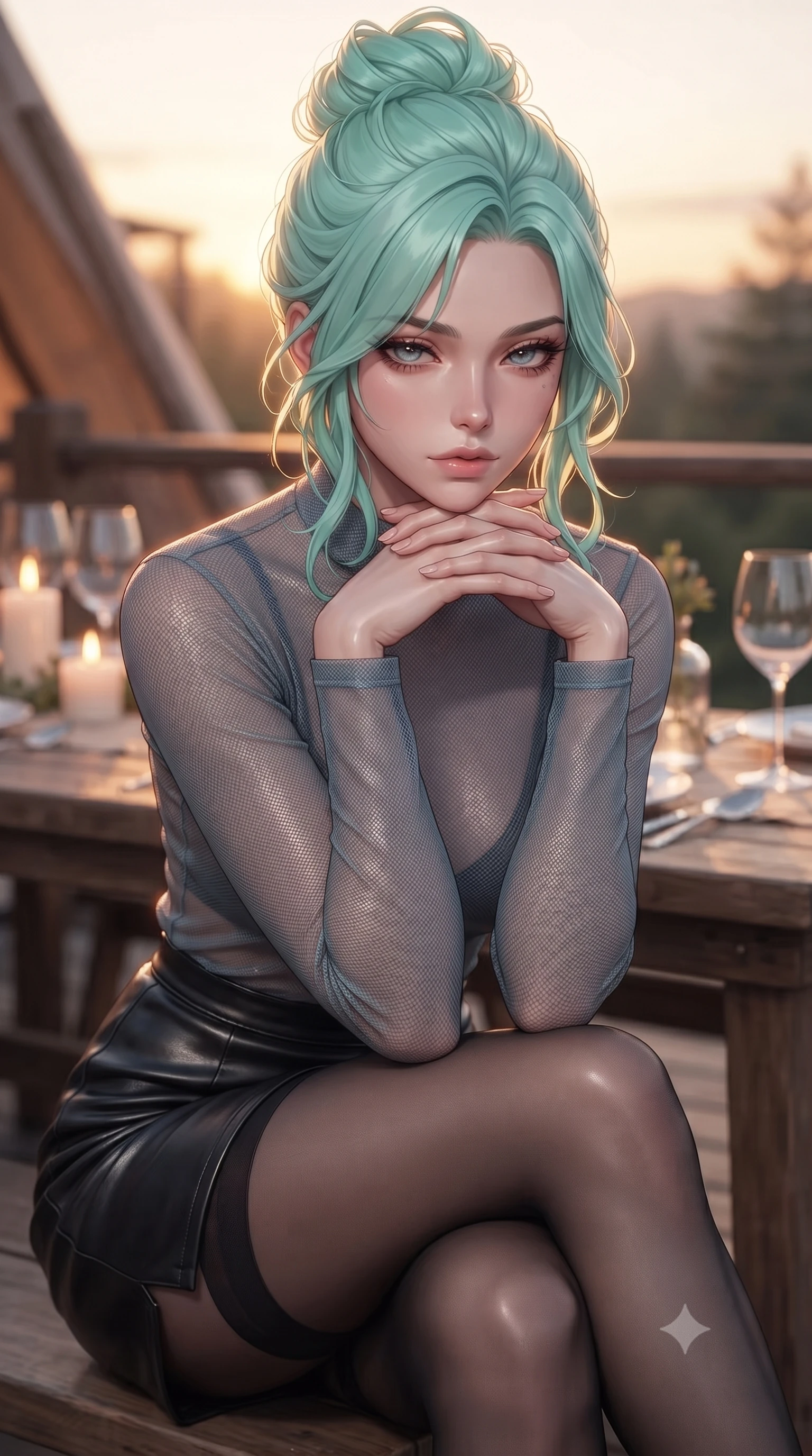 score_9, masterpiece, best quality, ultra-detailed, high-budget anime keyframe, editorial fashion photography, tasteful artistic composition, Japanese woman. close-up cowboy shot from the waist and thighs up, the character dominates the composition, filling the frame with her large presence, background elements kept in soft focus. resting her chin on the backs of her fingers, casting a heavy-lidded, sultry look past the camera the background shows a soft-focus a glamping dining deck with wooden tables, candles, and wine glasses at dusk. She has an exceptionally elegant, slender, and willowy female figure with an ultra-slim waist, a gracefully sculpted slender torso, and a refined silhouette. sharp v-shaped jawline, high-bridge nose, intricate jewel-like eyes with depth, thick eyelashes, glossy lips with a natural sheen. wearing a tailored semi-transparent mesh top in slate grey, paired with a leather mini skirt and sheer stockings. warm golden hour sunset tracing her silhouette with a soft glowing rim light. ultra-reflective glossy finish, specular highlights, metallic sheen, high-contrast stereoscopic depth, volumetric dynamic lighting, 2k, ultra detail, master piece, 9:16 ratio