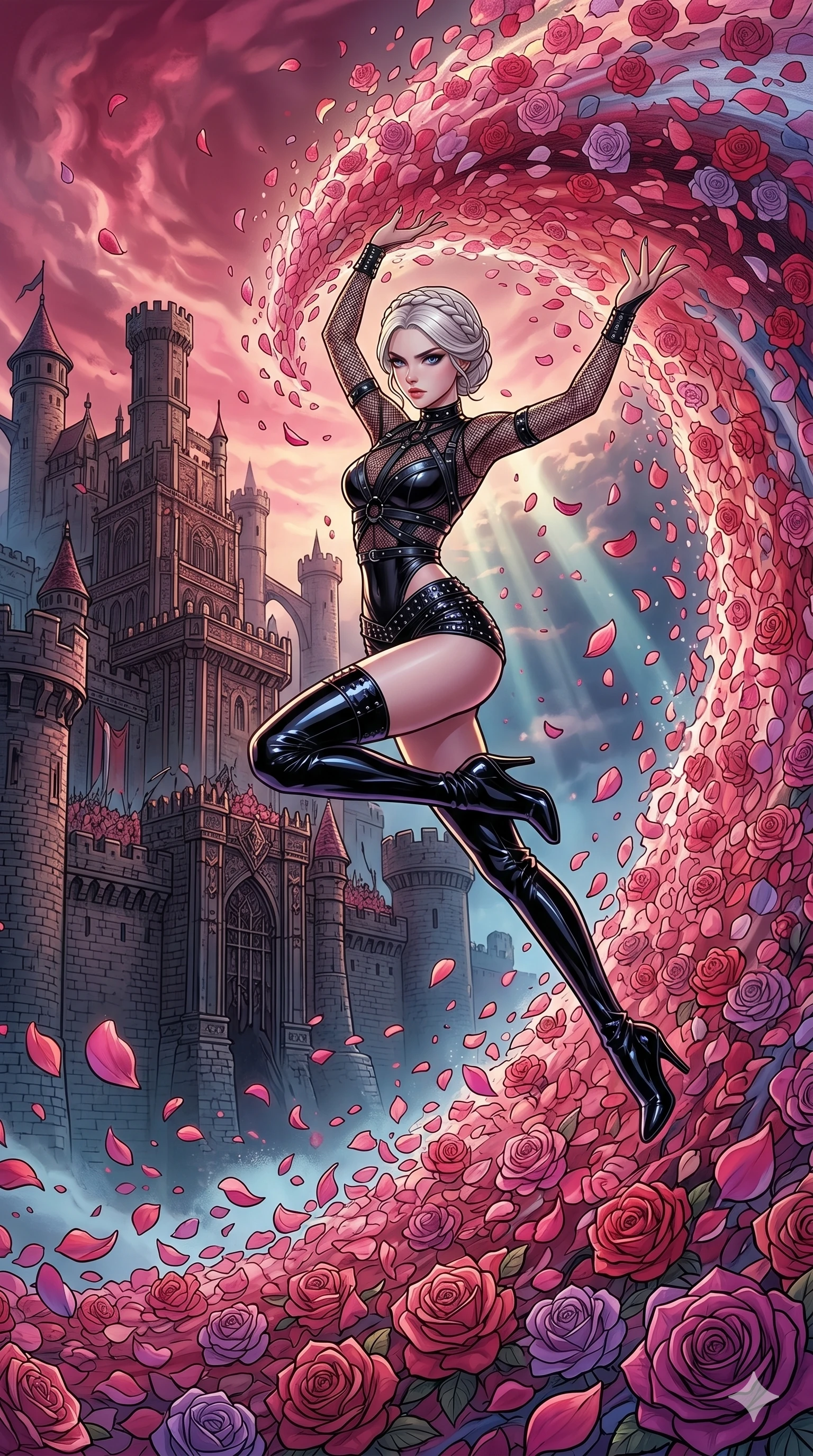 score_9, masterpiece, best quality, ultra-detailed, high-budget anime movie keyframe, cinematic anime lighting, intricate line art, Korean anime girl. Mid-air action shot capturing a graceful twist and vertical silhouette. commanding a tidal wave of rose petals to overwhelm a fortress. She has an absolutely perfect 8-heads proportion, an exceptionally tall and slender female figure with an ultra-slim waist and impossibly long slender legs. strictly human anatomy, two legs only, no extra limbs, clearly defined legs and arms, perfect anatomy, perfect hands and fingers. sharp v-shaped jawline, high-bridge nose, intricate jewel-like eyes, thick eyelashes, glossy lips. Wearing K-Idol Stage: Leather harness over mesh, high-cut bodysuit, studded micro-shorts, and thigh-high patent boots. The scene is illuminated by dramatic atmospheric lighting and vibrant color palettes. , 2k, ultra detail, master piece, 9:16 ratio